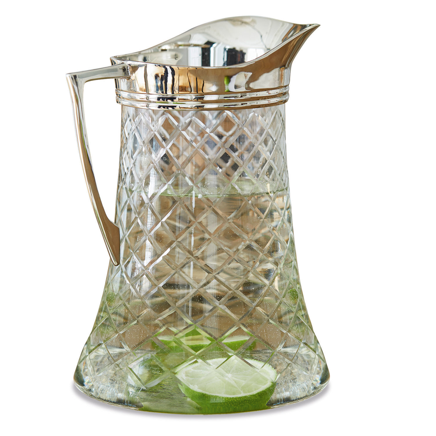 Caraffa Meloisey Caraffa in vetro con manico e beccuccio in metallo, trasparente con fette di lime verdi all'interno