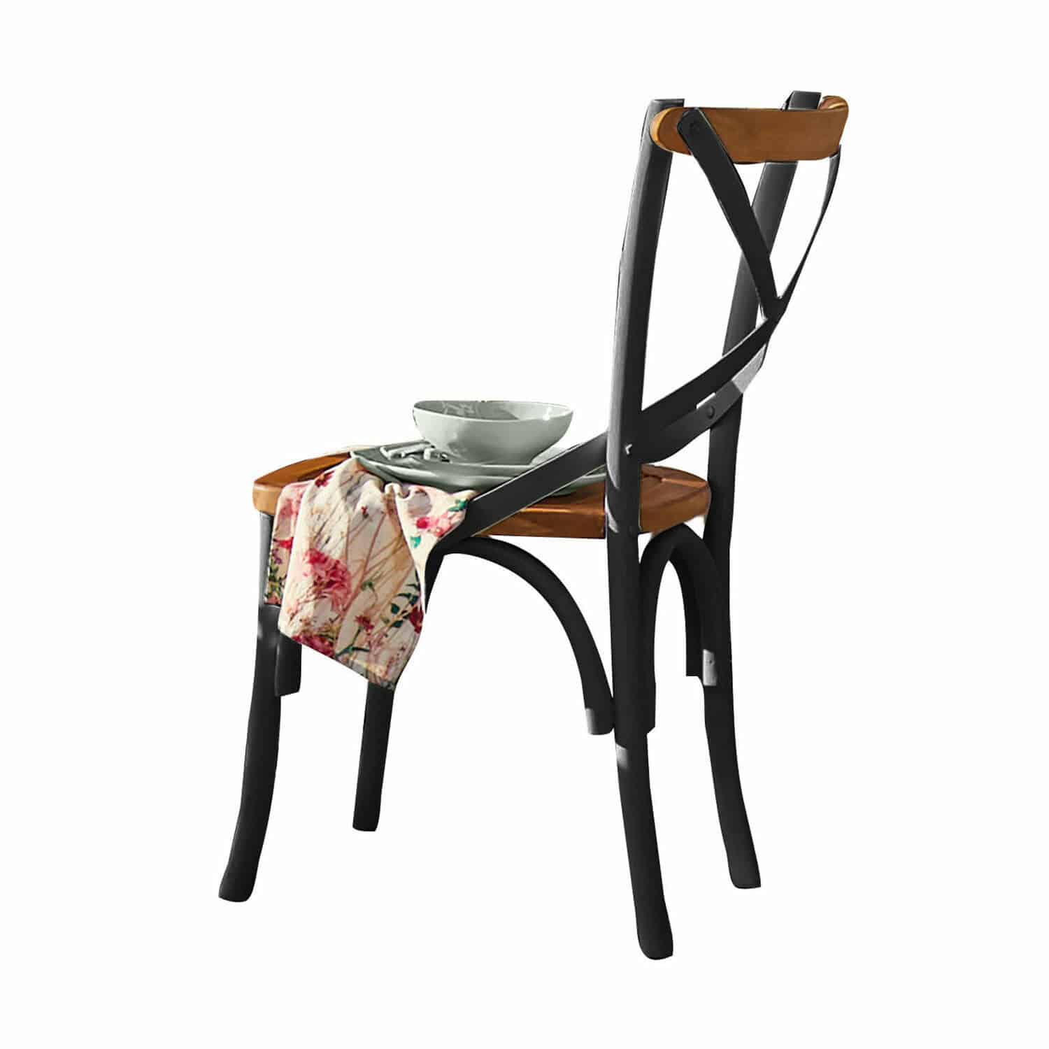 Sedia Kirkdale Sedia in metallo nero con seduta in legno, tovagliolo di stoffa e stoviglie sopra