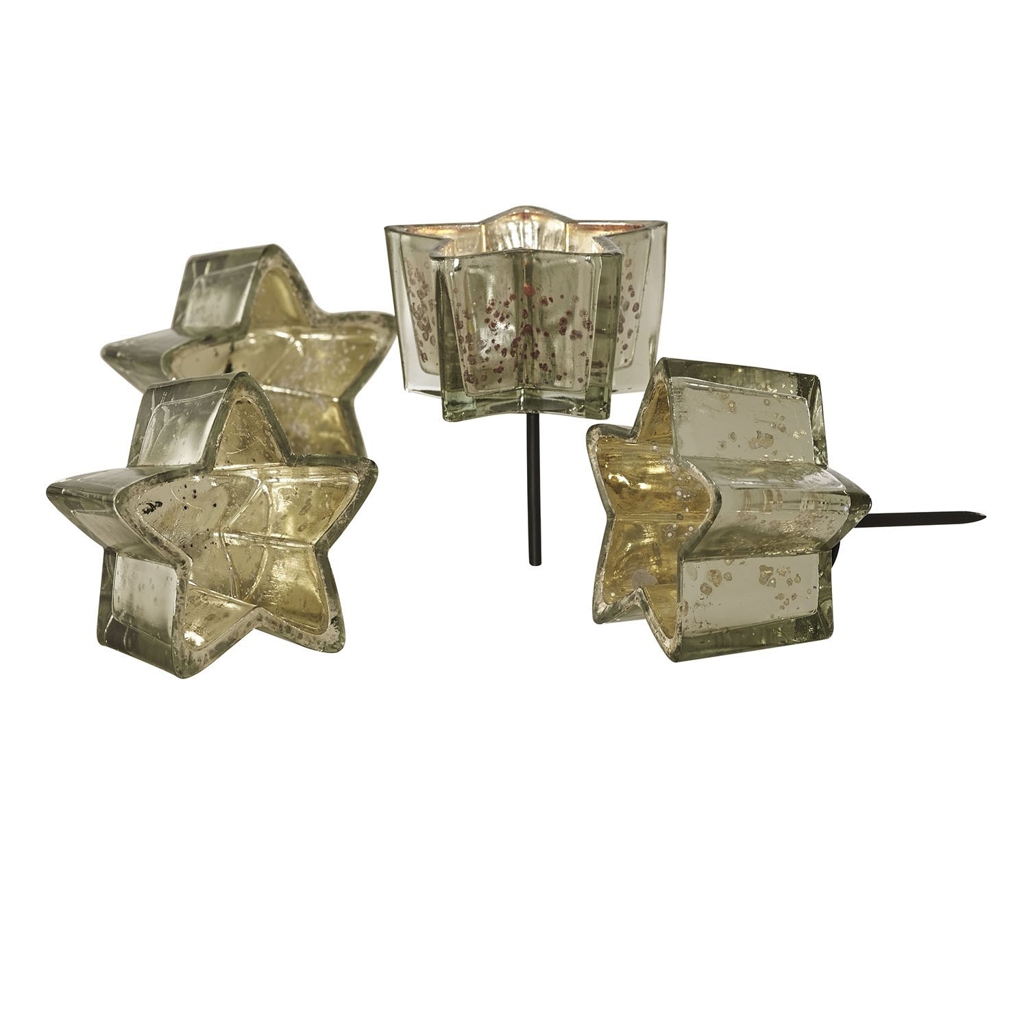 Set di 4 portacandeline con supporto Bernice Portacandele in vetro a forma di stella con picchetti metallici, decorazione dorata per feste