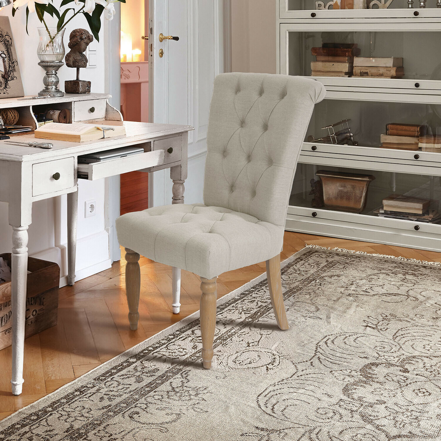 Sedia Claville Sedia imbottita beige con gambe in legno in stile classico per ufficio o soggiorno