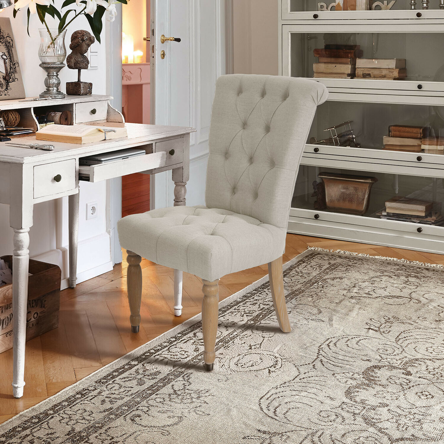 Sedia Claville Sedia imbottita beige con gambe in legno in stile classico per ufficio o soggiorno