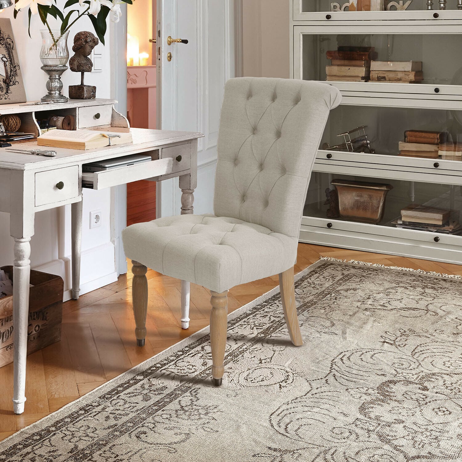 Sedia Claville Sedia imbottita beige con gambe in legno in stile classico per ufficio o soggiorno
