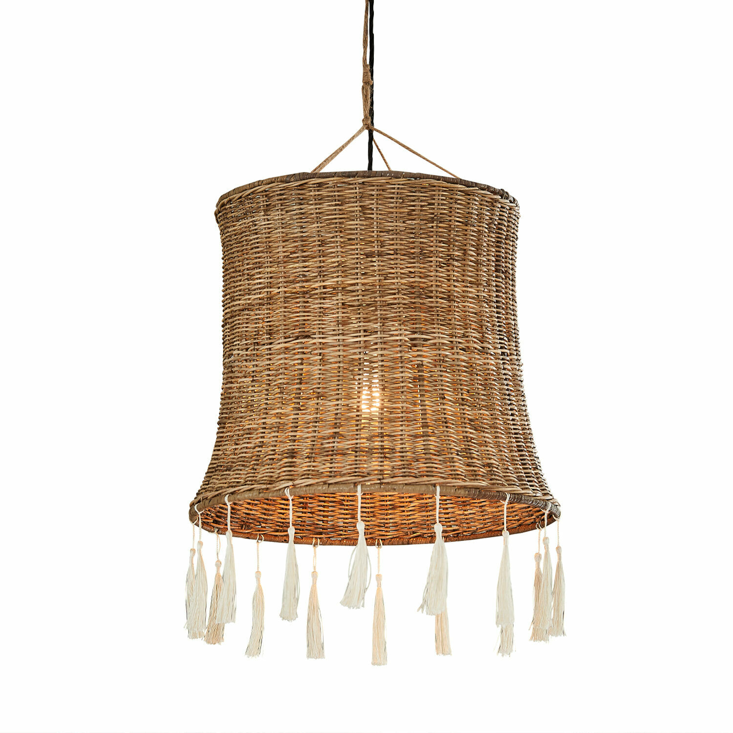 Paralume Éverill Lampada a sospensione in vimini naturale con nappe bianche, stile boho per soggiorno