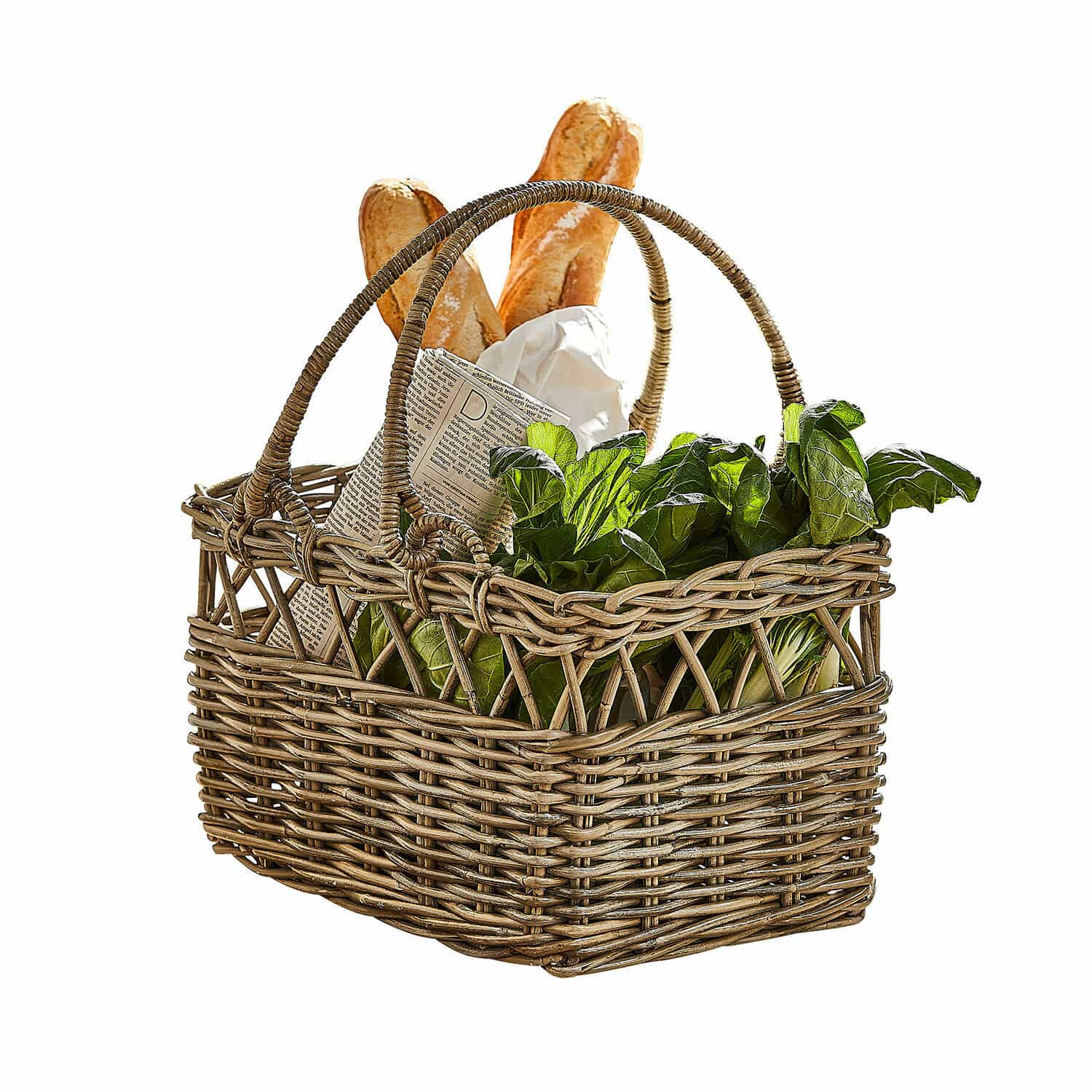 Cesto Amixal Cesto in vimini naturale con manici, pieno di foglie verdi e baguette, accessorio per la spesa