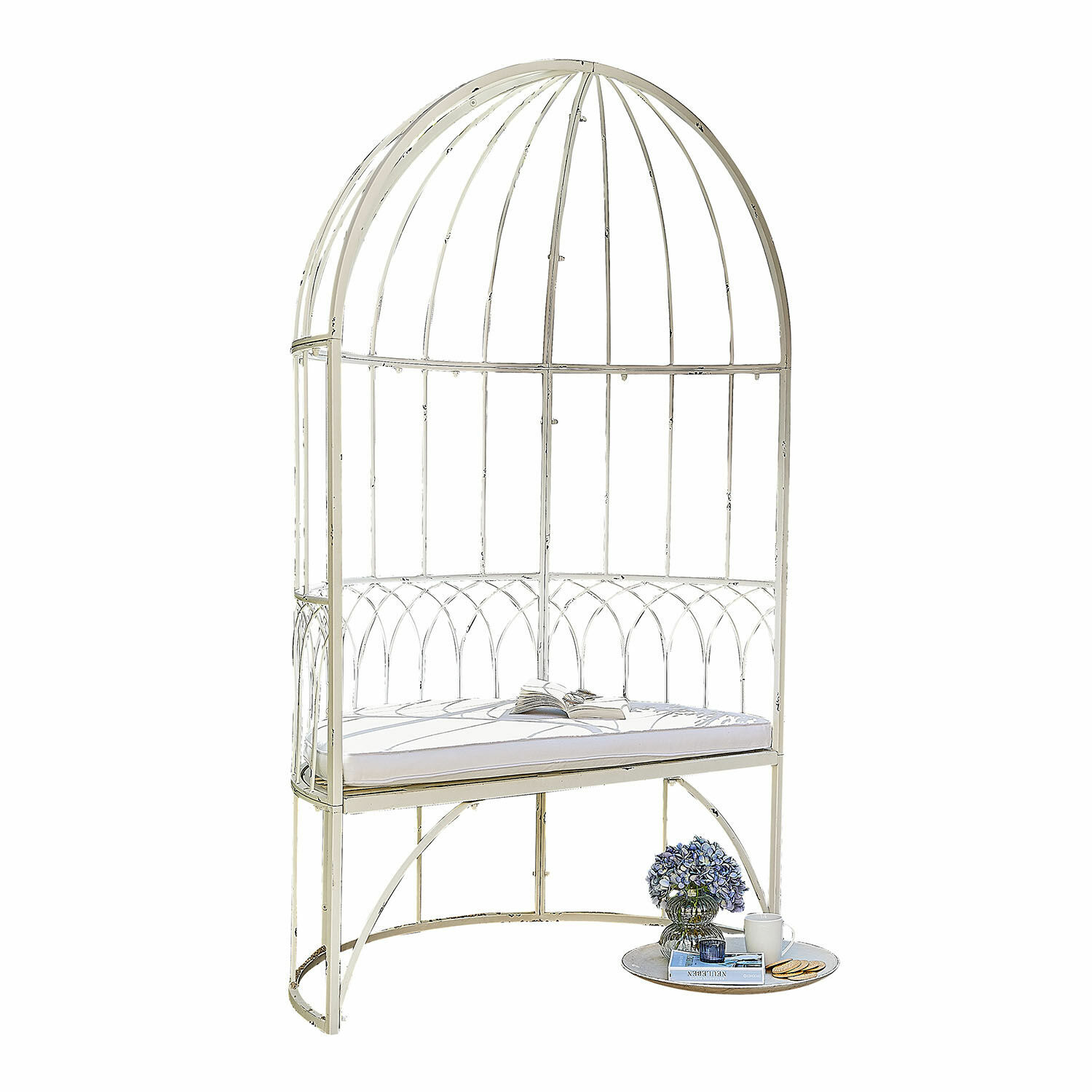 Panchina Rivandelle Panca in metallo bianco con cuscino e cupola in stile vintage per giardino o terrazza