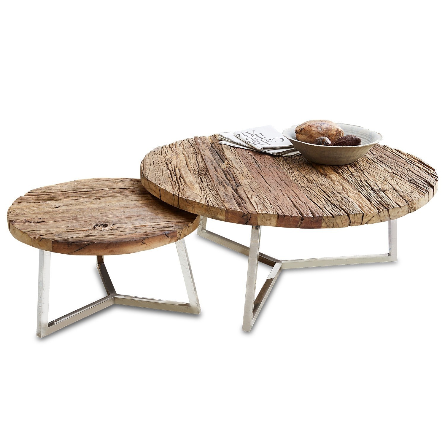 Coppia di tavolini da salotto Nevada Set di due tavolini rotondi con piano in legno e gambe in metallo color argento