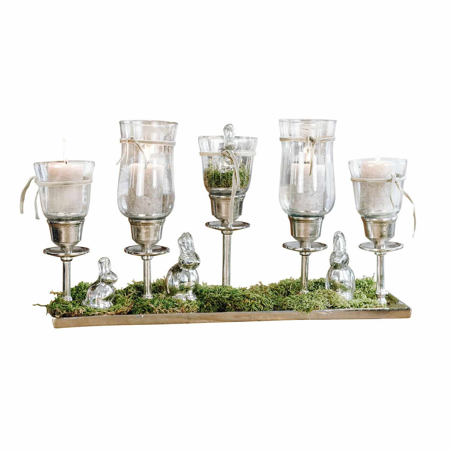 Set decorativo Buona Pasqua Osterfreude Portacandele decorativo in vetro e metallo con candele bianche e muschio verde, decorazione da tavolo