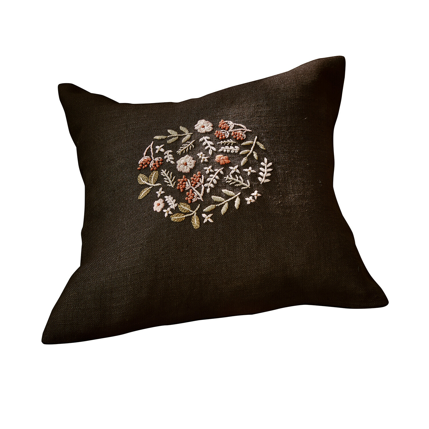 Copricuscino Mireve Cuscino in lino marrone scuro con ricamo floreale, decorazione elegante per soggiorno e camera