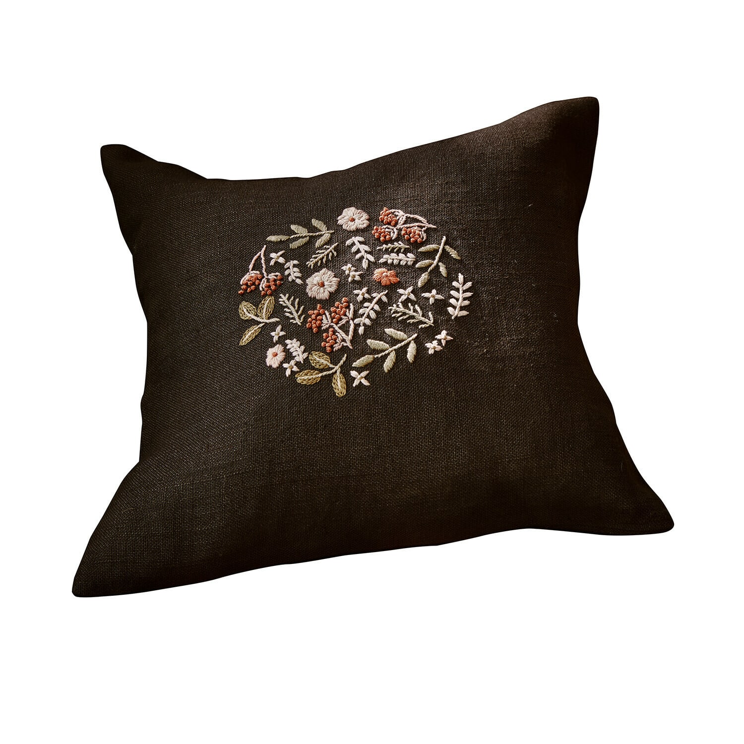 Copricuscino Mireve Cuscino in lino marrone scuro con ricamo floreale, decorazione elegante per soggiorno e camera