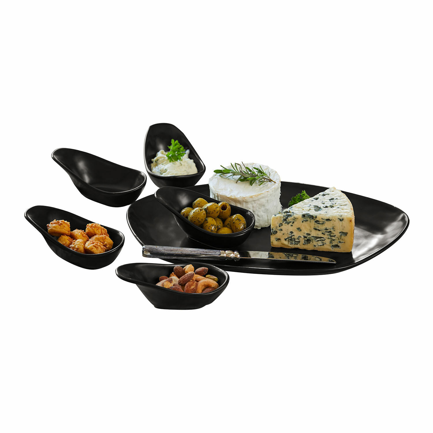 Set di 6 ciotoline su piatto Biarré Set da portata in ceramica nera con formaggi, olive e noci su vassoio elegante