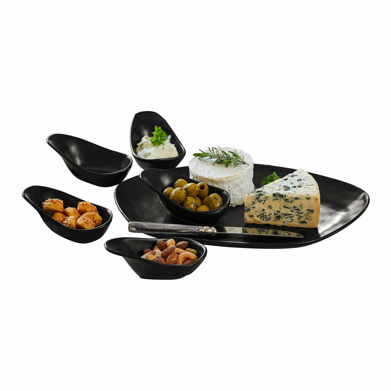 Set di 6 ciotoline su piatto Biarré Set da portata in ceramica nera con formaggi, olive e noci su vassoio elegante