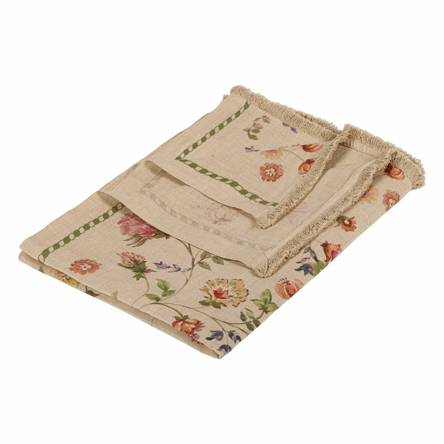 Coperta Karratha Tovaglia in lino beige con motivo floreale e frange, decorazione rustica per tavola