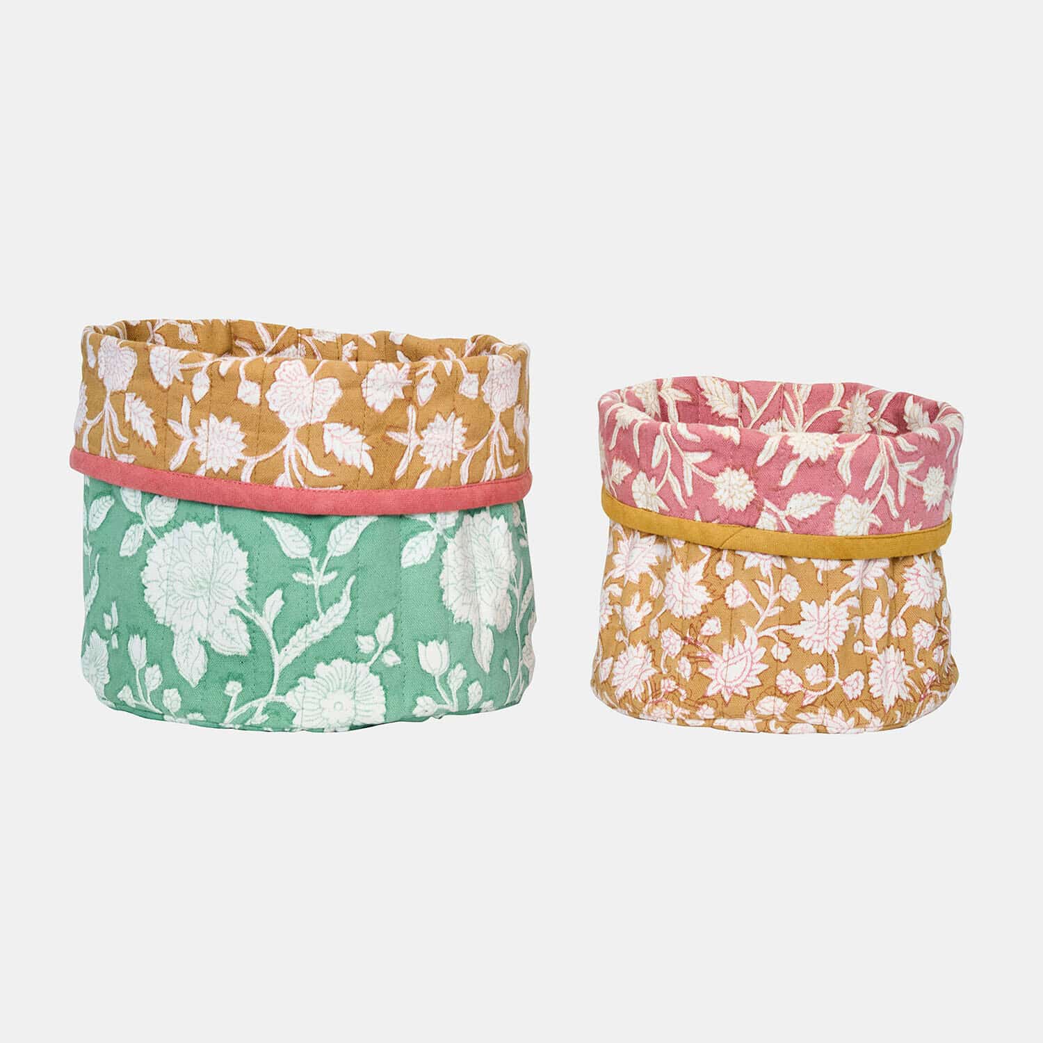 Coppia di cestini Fleuronnes Set di due cestini in cotone con motivo floreale verde, rosa e marrone per contenere oggetti
