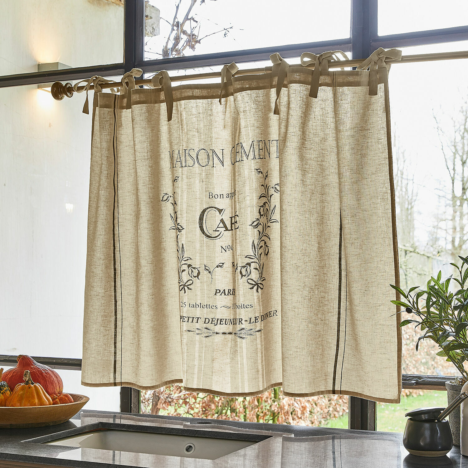 Tendina a vetro Girest Tenda beige in lino con stampa nera caffè, decorazione finestra cucina, materiale naturale