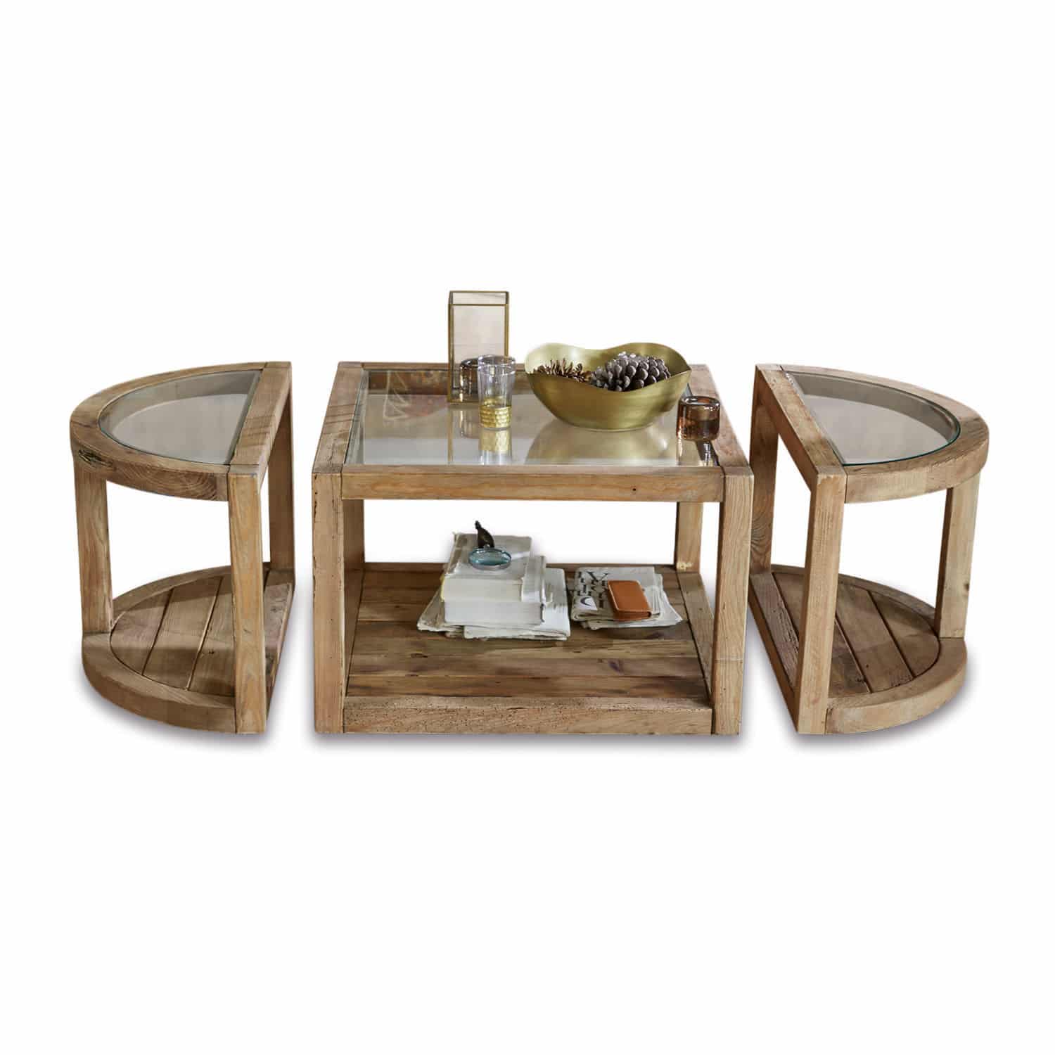 Tavolino da salotto Hyllorian Set di tavolini in legno naturale e vetro, mobili pratici ed eleganti per il soggiorno