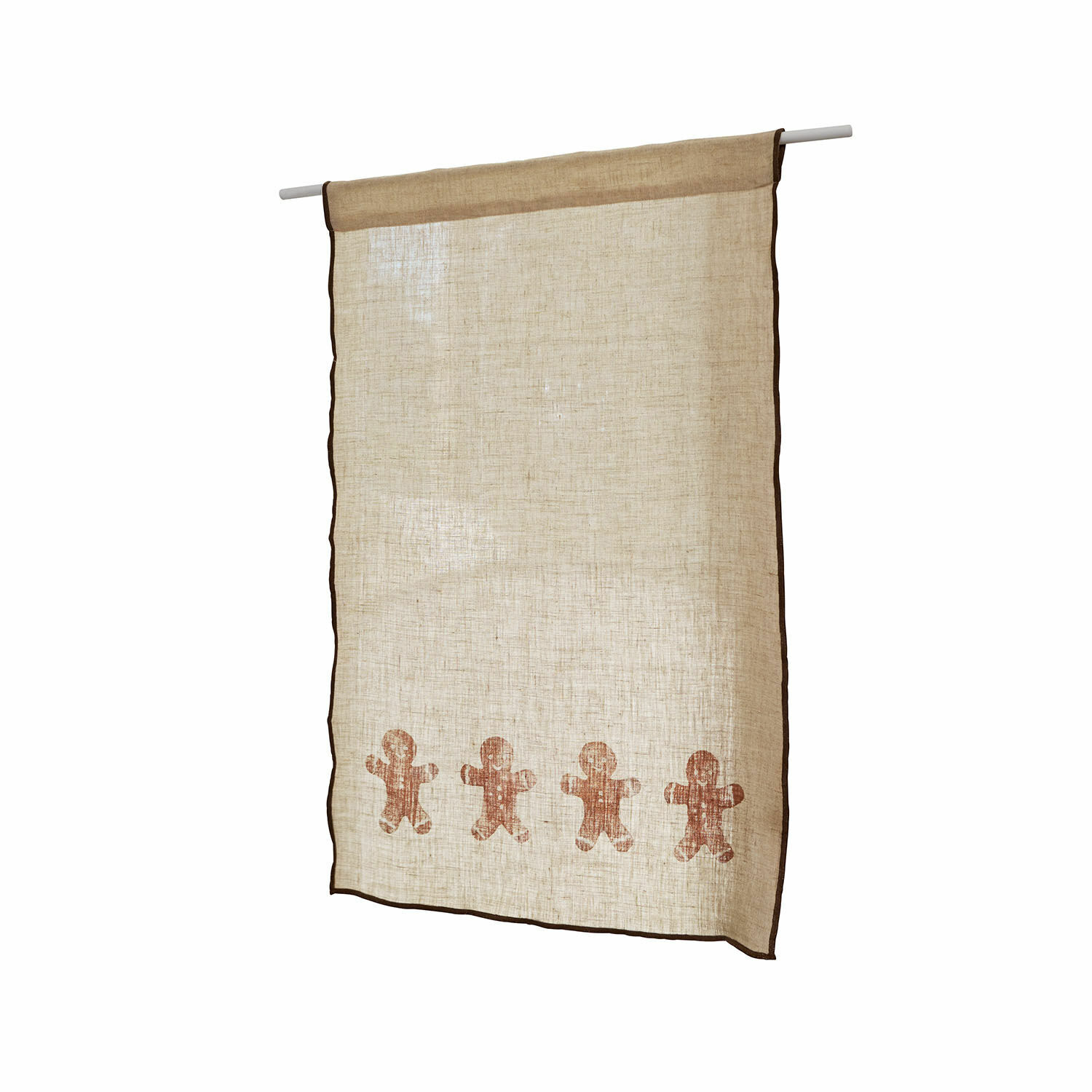 Tendina a vetro Gingerbread Tenda in lino beige con bordi marroni e stampa di omini di pan di zenzero, decorazione finestra