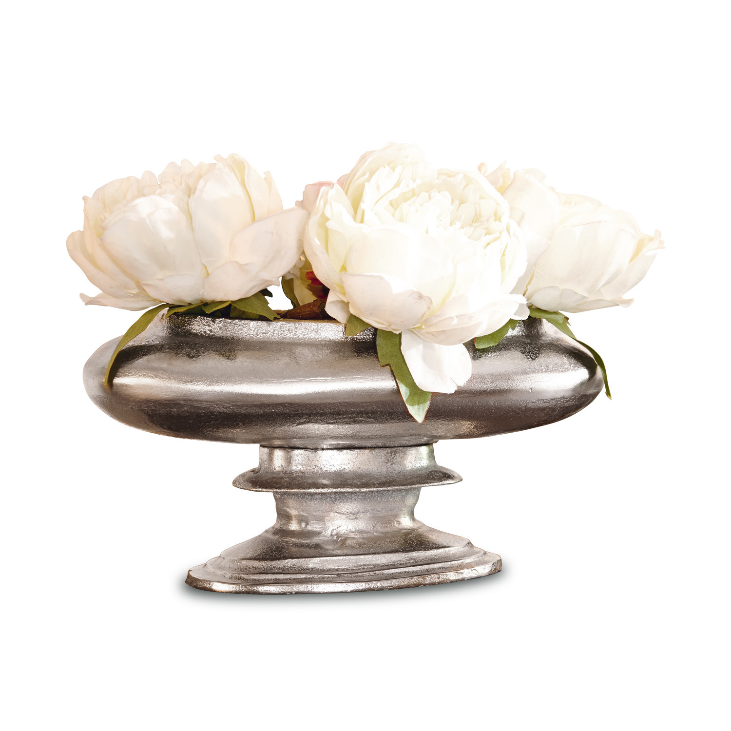 Vaso Loyère Ciotola decorativa in metallo argentato con fiori bianchi per arredamento interno