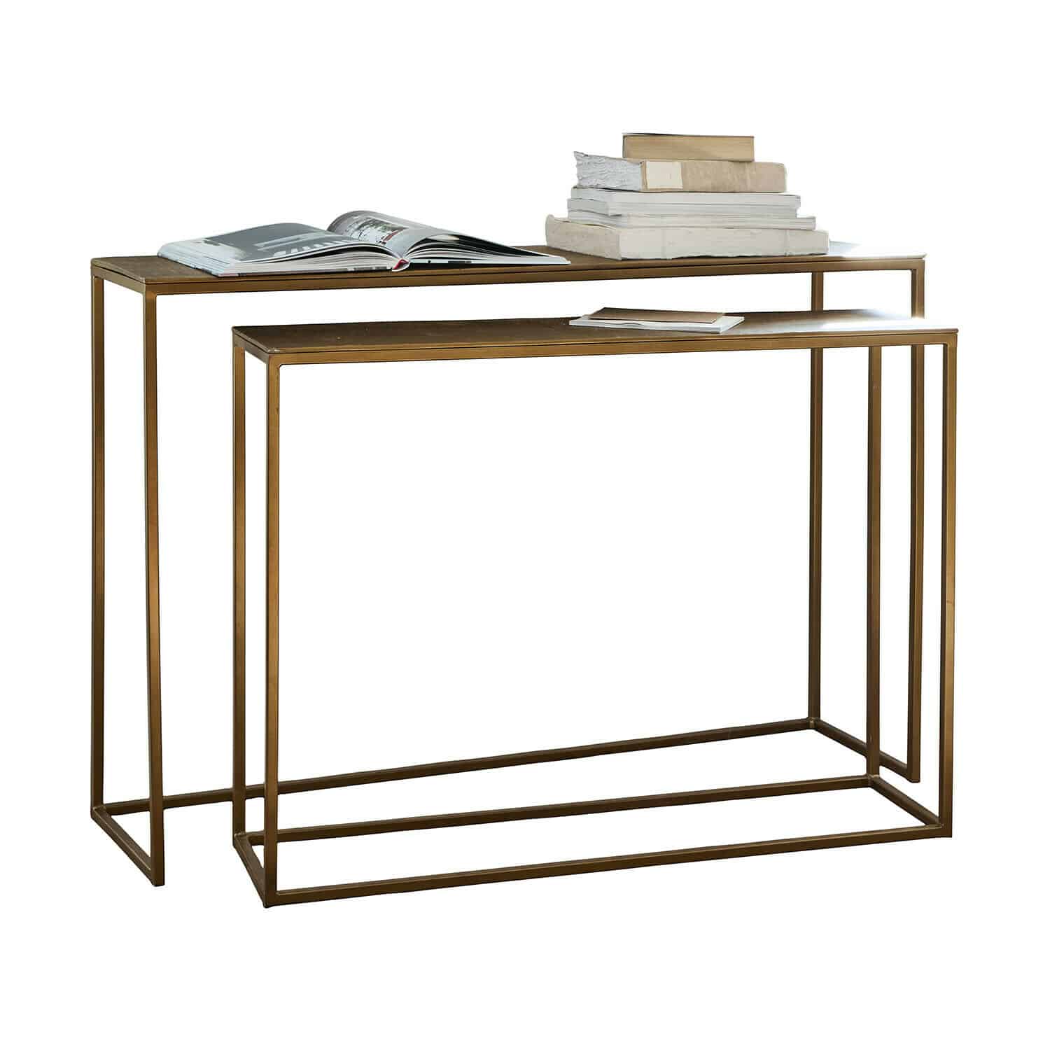 Coppia di consolle Olvenzo Set di due tavoli in metallo color ottone con libri sopra, design moderno e minimalista