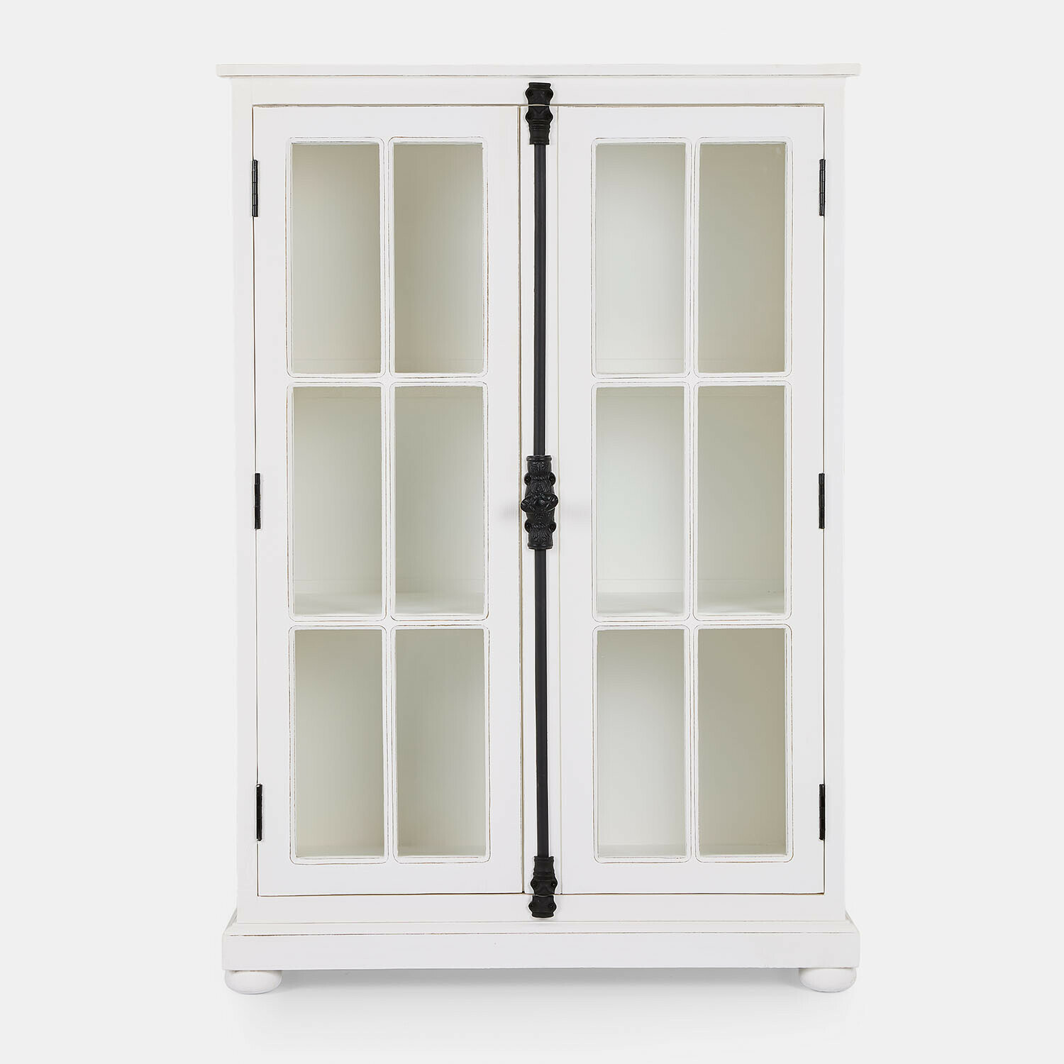 Credenza Salivonne Mobile bianco in legno con ante in vetro e maniglia in metallo nero per riporre oggetti
