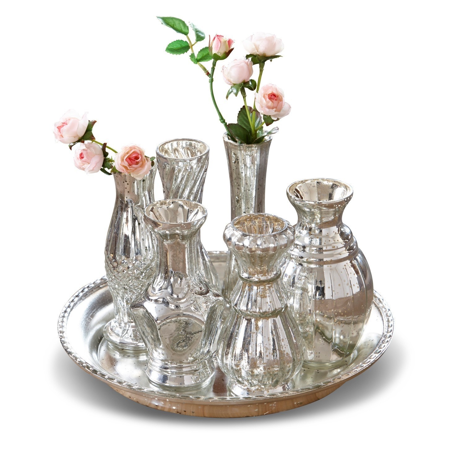 Vassoio con vasi Blairville Set di vasi in vetro argentato su vassoio con fiori rosa, decorazione da tavolo