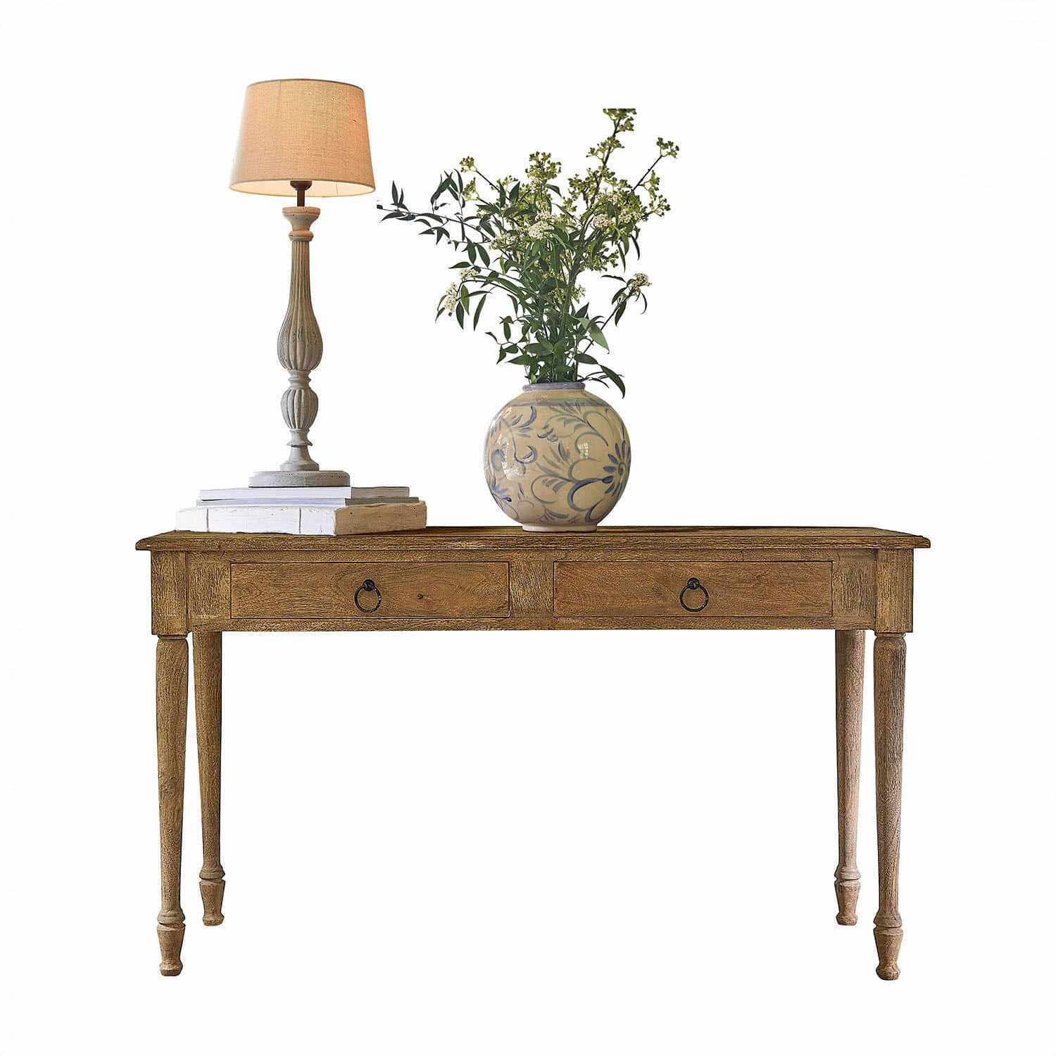 Consolle Jovrac Tavolo in legno con due cassetti, lampada e vaso in ceramica con fiori verdi sopra