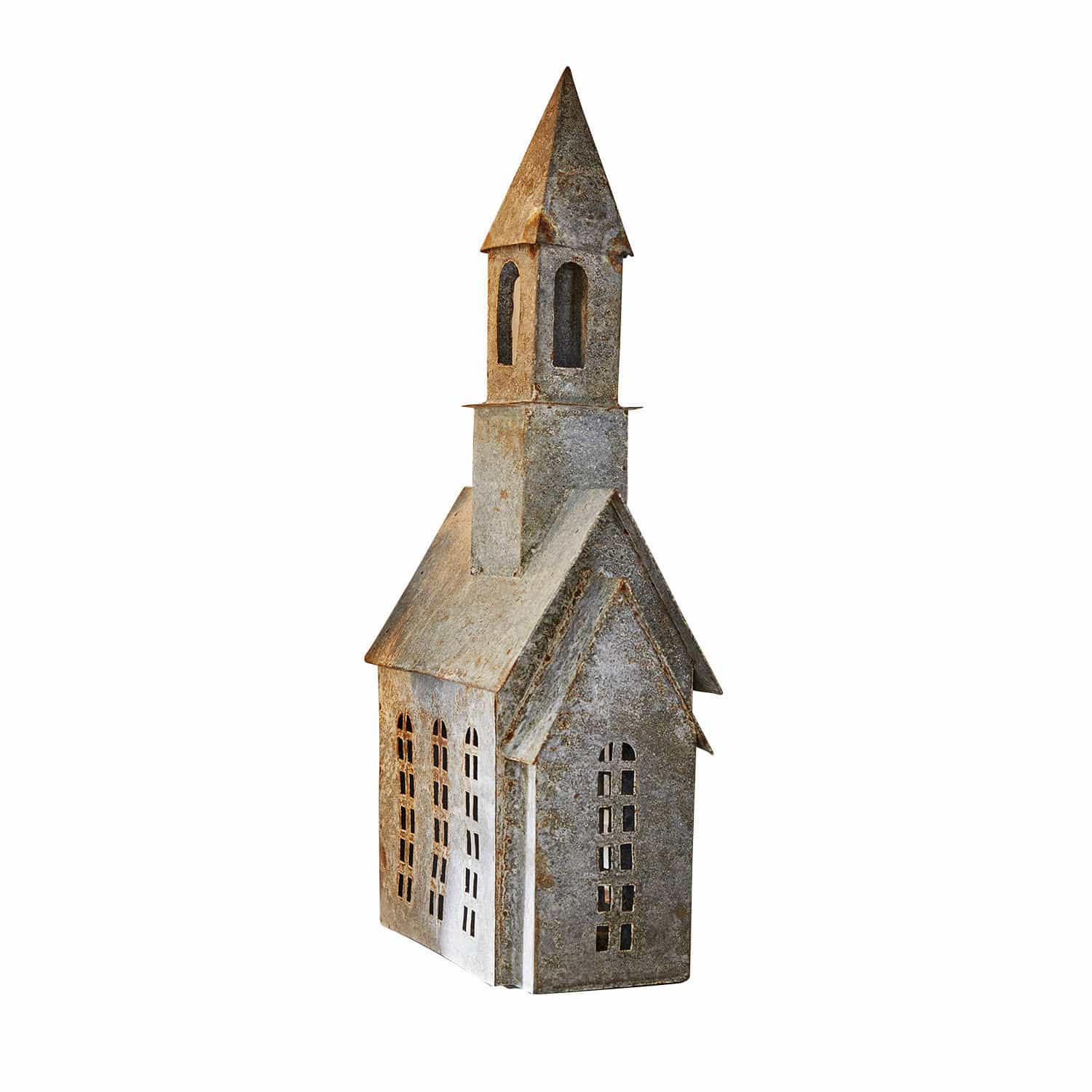 Lanterna Montavino Decorazione in metallo a forma di chiesa grigia con finestre ritagliate, ornamento per interni e giardini