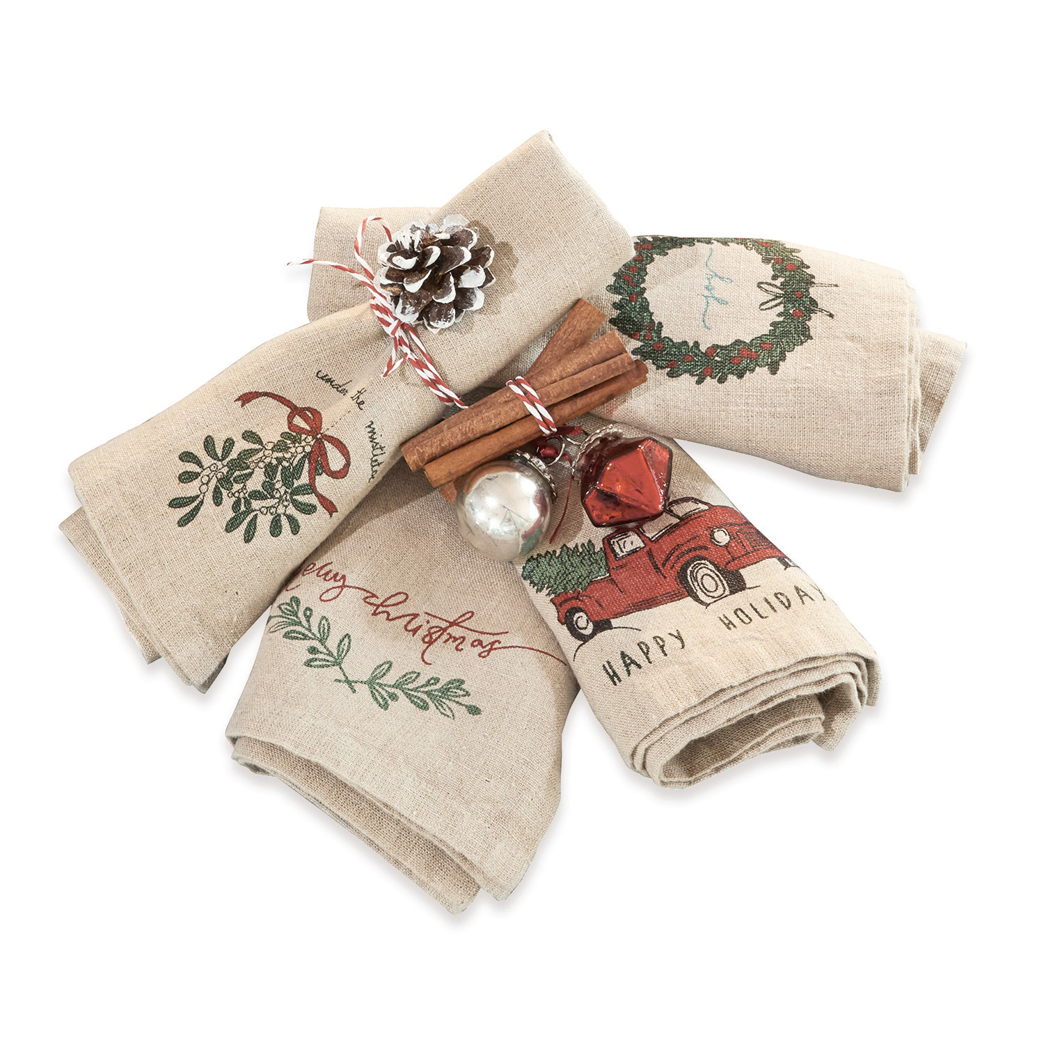Strofinacci in lino con motivi natalizi rossi e verdi, decorazioni festive e cannella