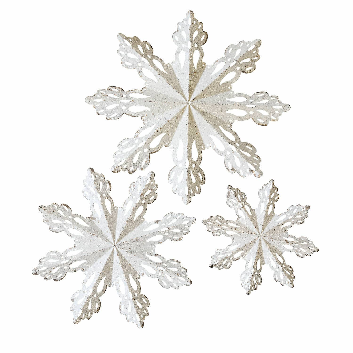 Set di 3 decorazioni da parete Lirvaya Set di tre fiocchi di neve in metallo bianco con motivo traforato, decorazione invernale