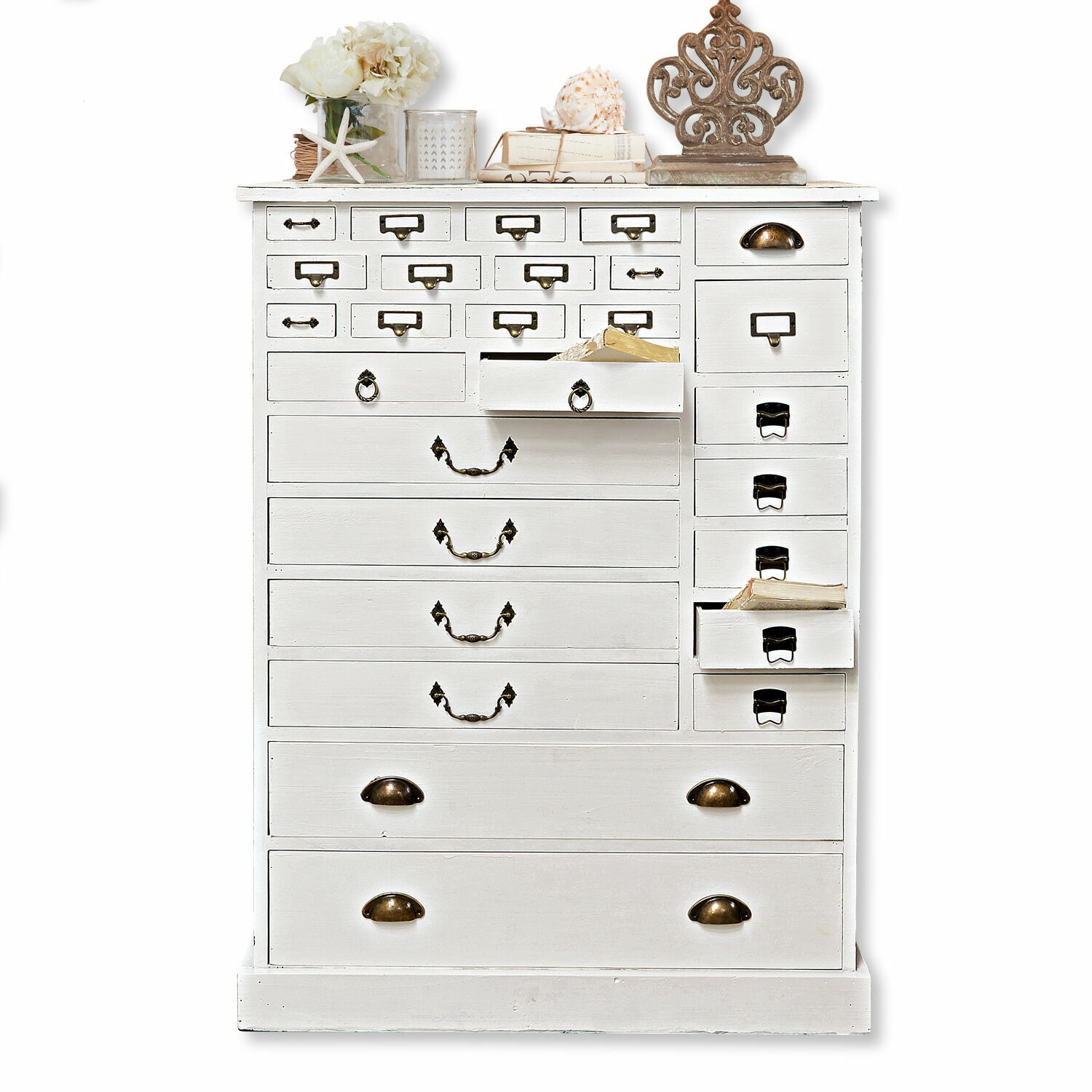 bianco Comò bianco in legno Darling con molti cassetti e maniglie in metallo per riporre