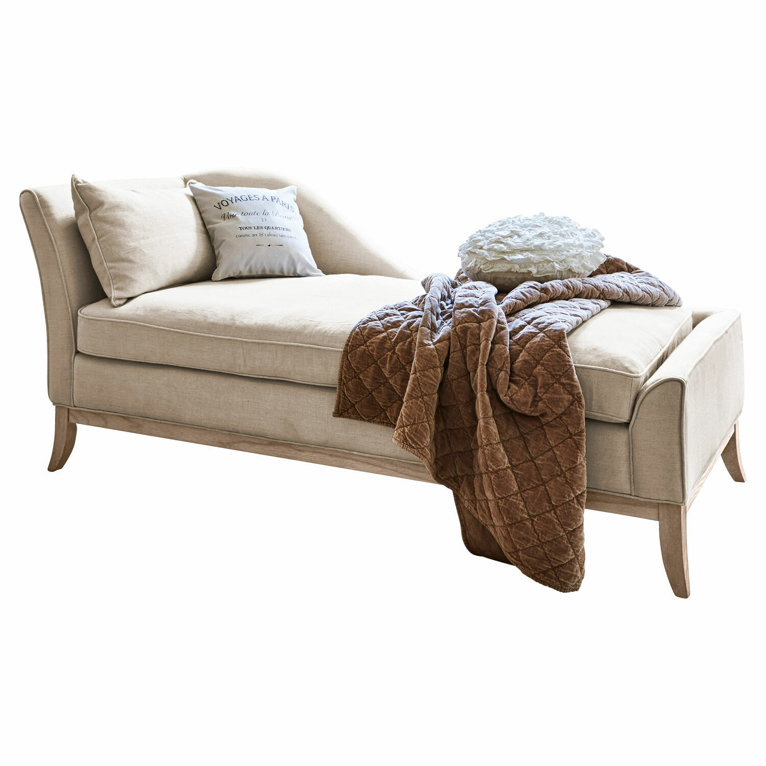 Chaise longue Alphonse Chaise longue beige imbottita con base in legno e coperta trapuntata marrone per soggiorno