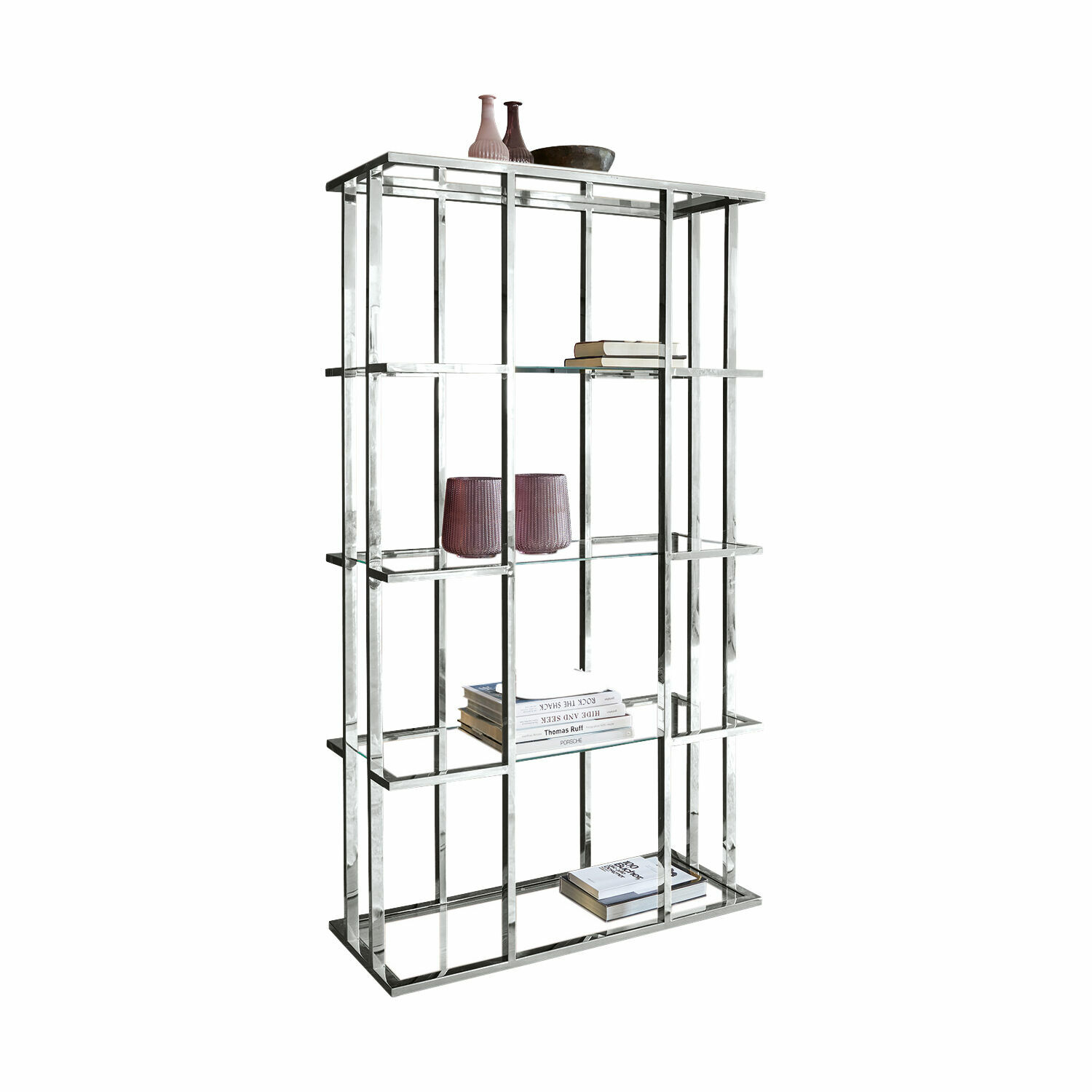 Scaffale Dacre Libreria moderna in metallo argento con ripiani in vetro, decorazioni e libri