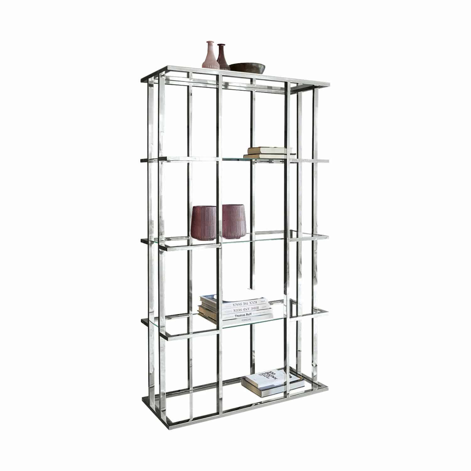 Scaffale Dacre Libreria moderna in metallo argento con ripiani in vetro, decorazioni e libri
