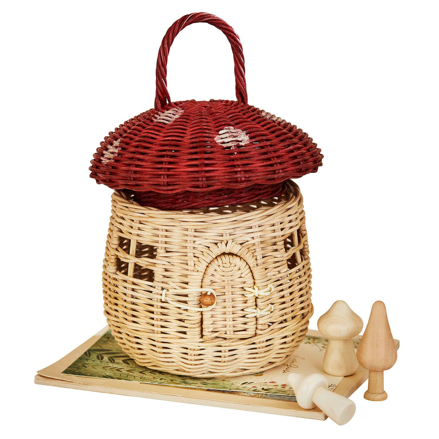 Cestino Norilie Cesto in vimini a forma di fungo con coperchio rosso e decorazioni in legno a forma di funghi