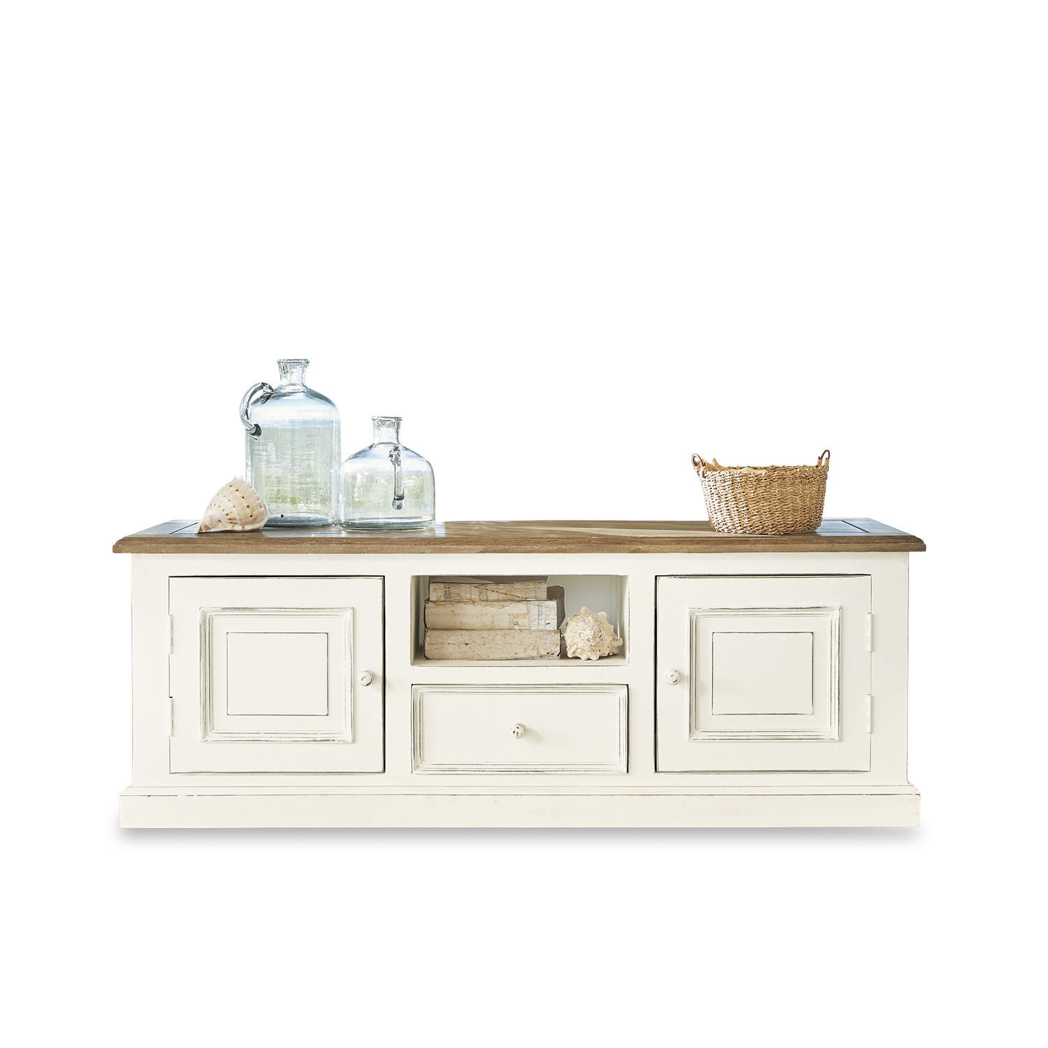 Credenza Cogolin Madia in legno bianco con cassetto e ripiani, piano in legno naturale, decorazioni in vetro e cesto