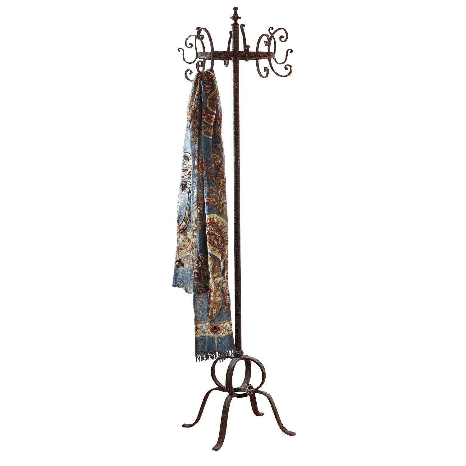 Attaccapanni Arlington Attaccapanni in ferro battuto marrone rustico con ganci decorativi e sciarpa colorata