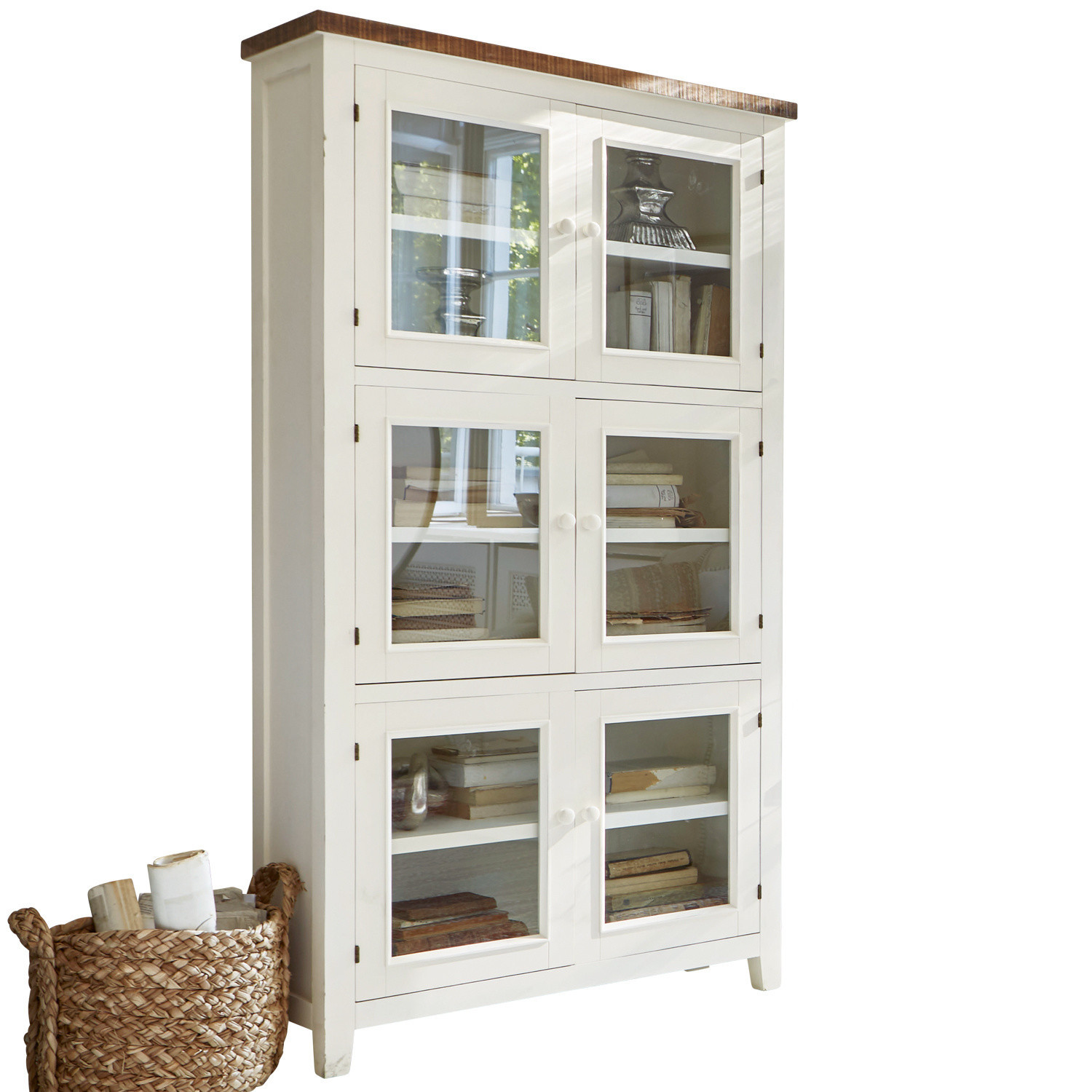 Credenza Yukon Vetrina bianca in legno con ante in vetro e ripiani per libri e decorazioni