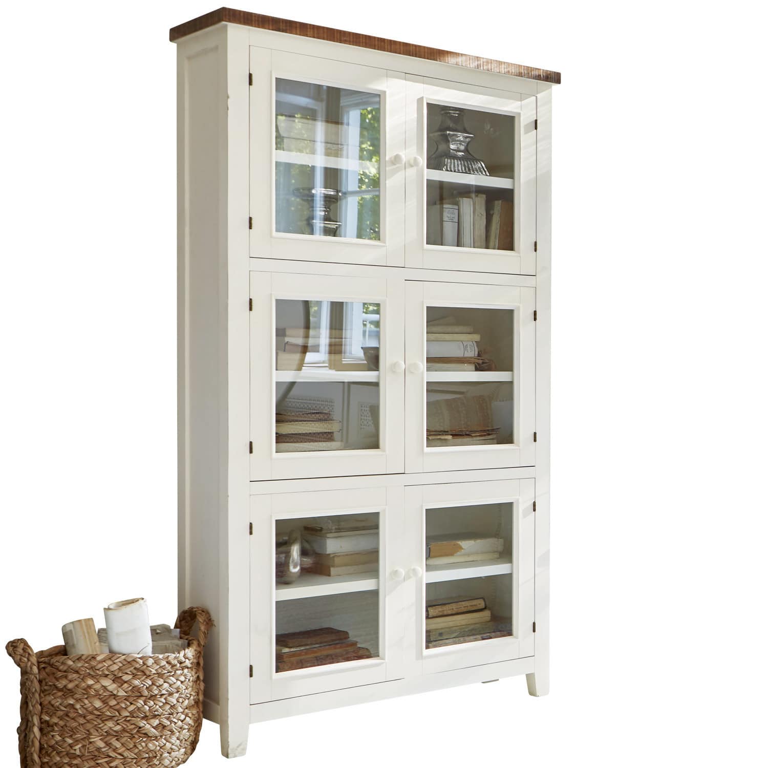 Credenza Yukon Vetrina bianca in legno con ante in vetro e ripiani per libri e decorazioni