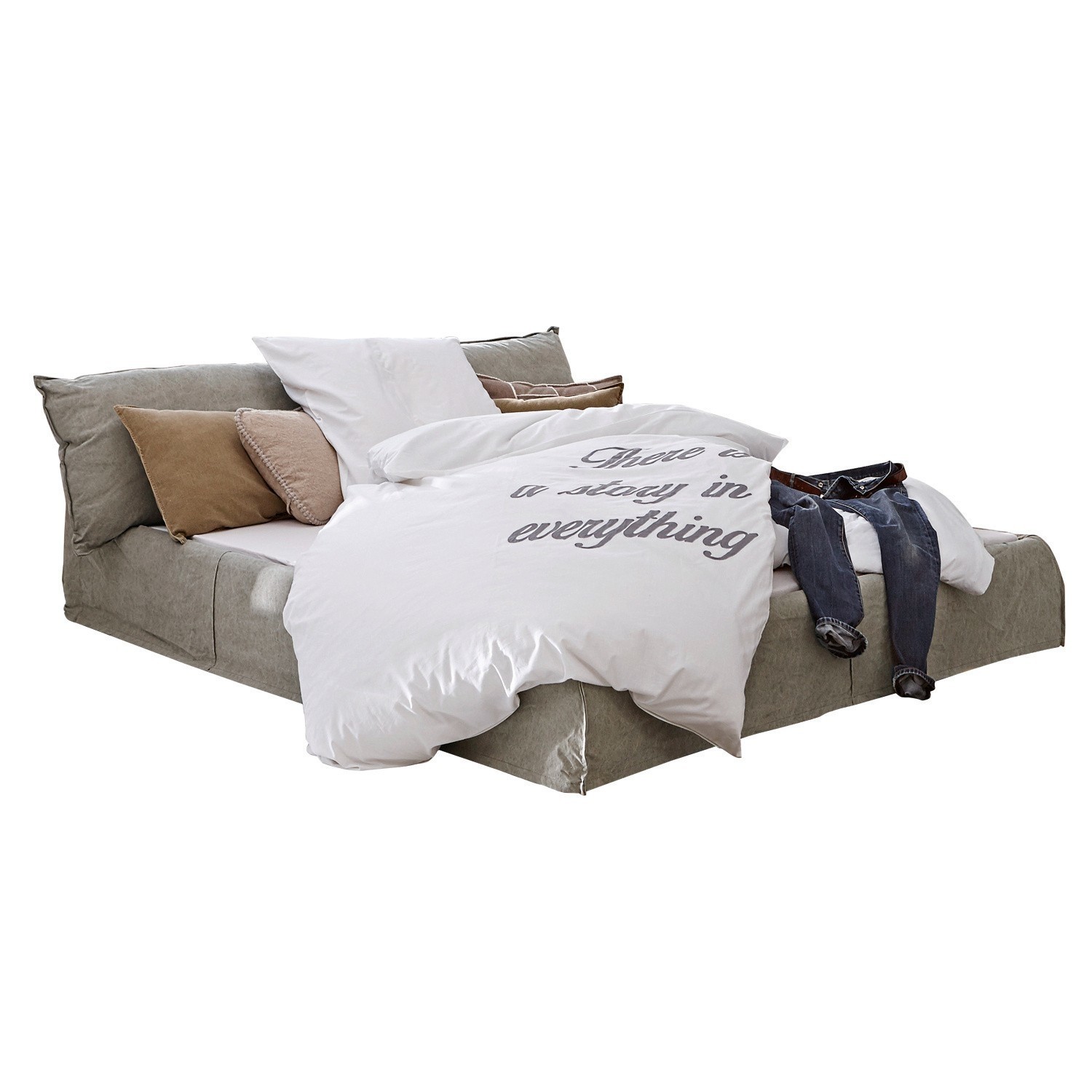 cachi Letto Cottonwood kaki con biancheria da letto in cotone e cuscini decorativi per camera da letto