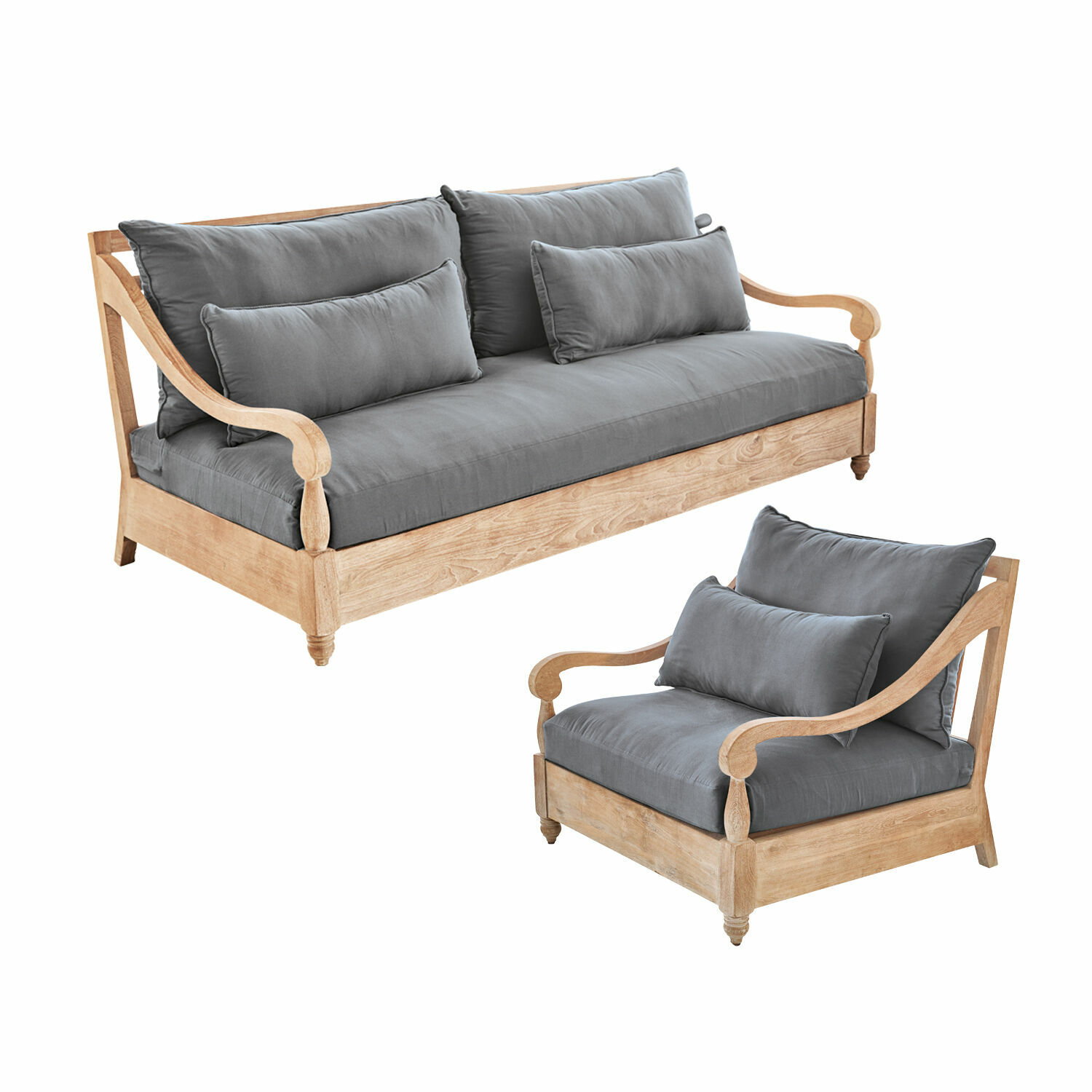 marrone/grigio Set salotto Montcassin in legno con cuscini grigi, mobili confortevoli per soggiorno