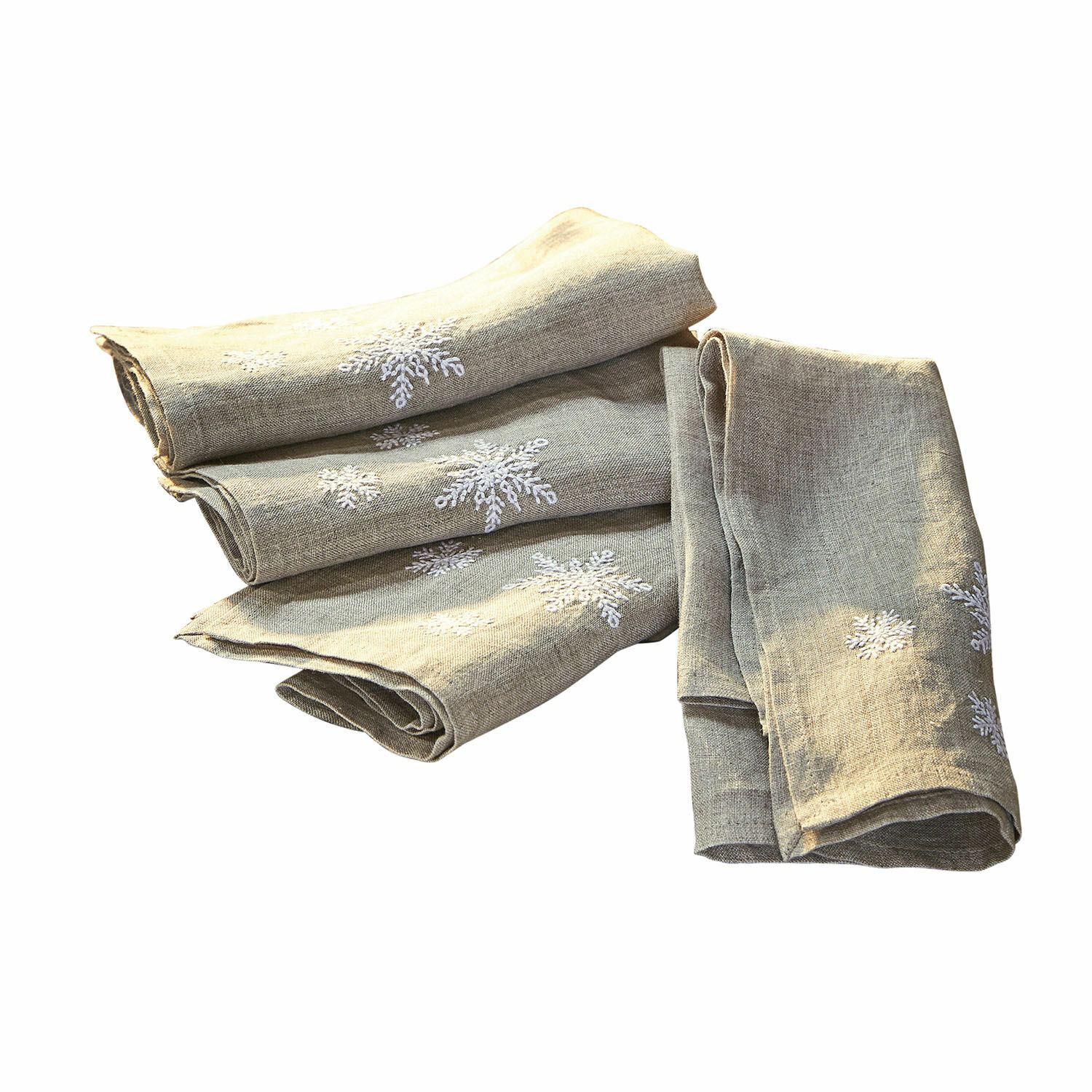 Set di 4 tovaglioli Ruspi Tovaglioli in lino beige con ricamo di fiocchi di neve bianchi, decorazione invernale per tavola