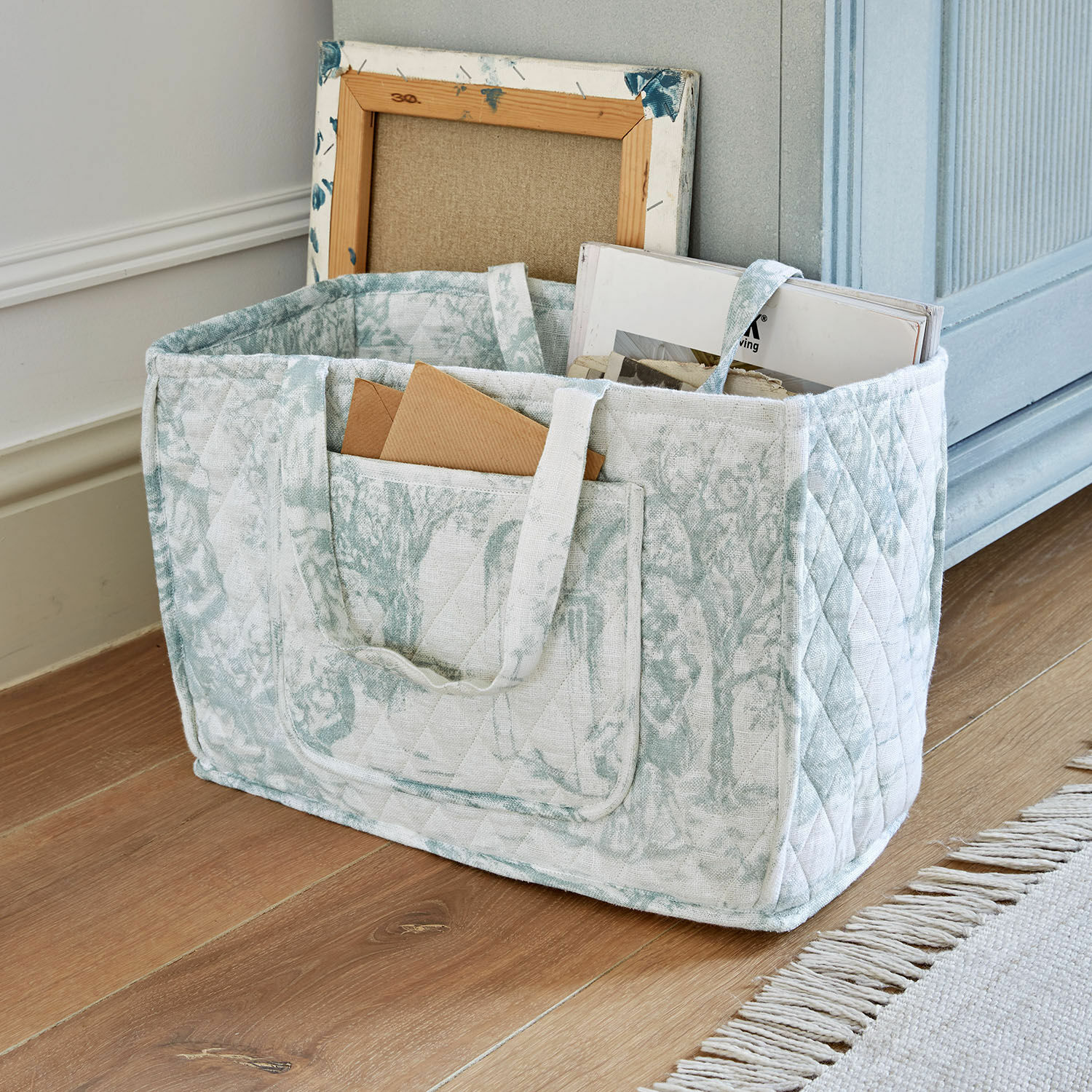 Borsa Dedwen Cesto portaoggetti trapuntato in cotone chiaro con motivo verde e manici pratici