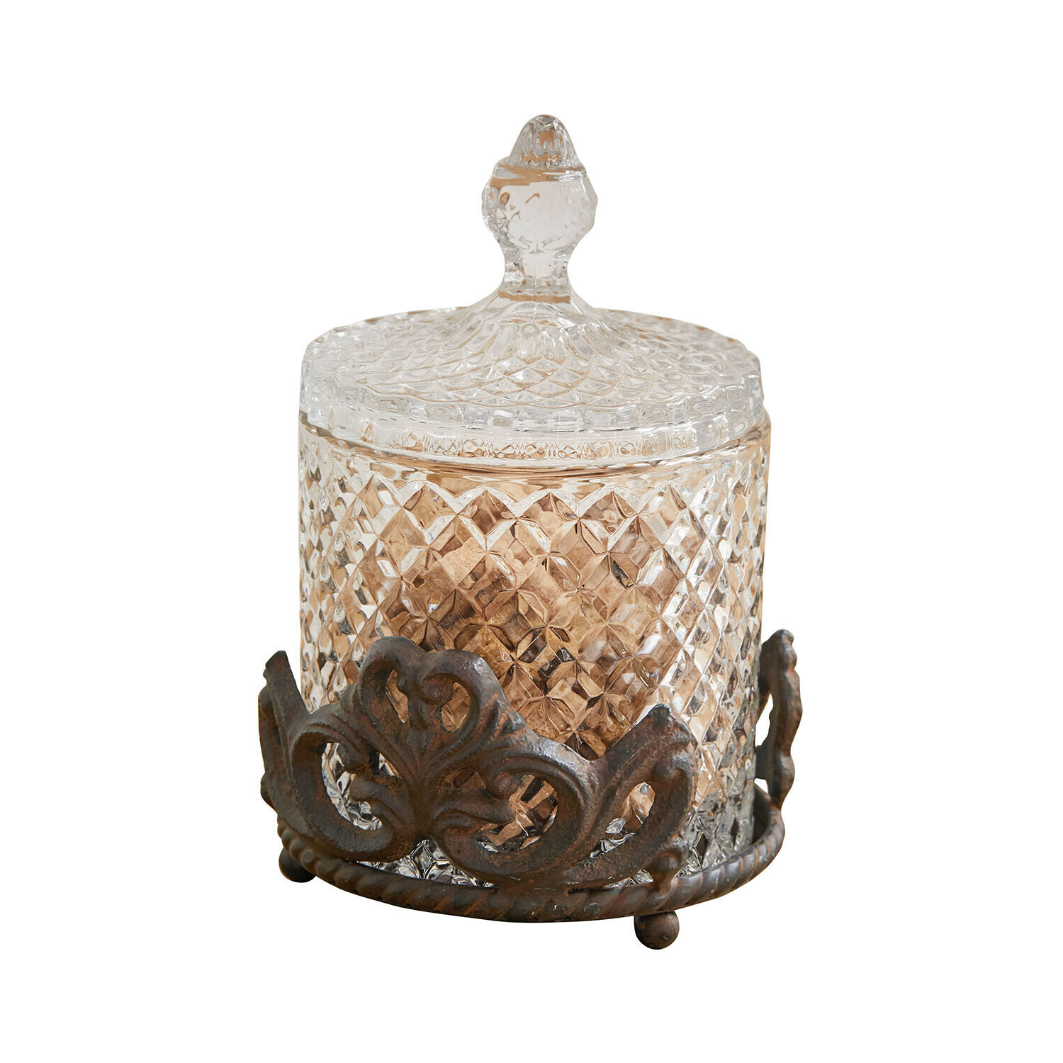 Barattolo di vetro Kerynna Contenitore in vetro con coperchio e base metallica decorativa vintage, trasparente e marrone
