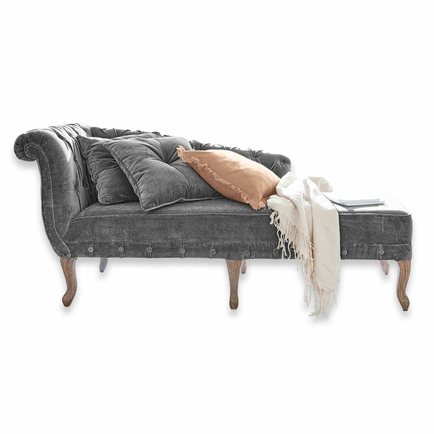 Chaise longue Viviani Chaise longue grigia in velluto con gambe in legno e cuscini, elegante mobile da soggiorno