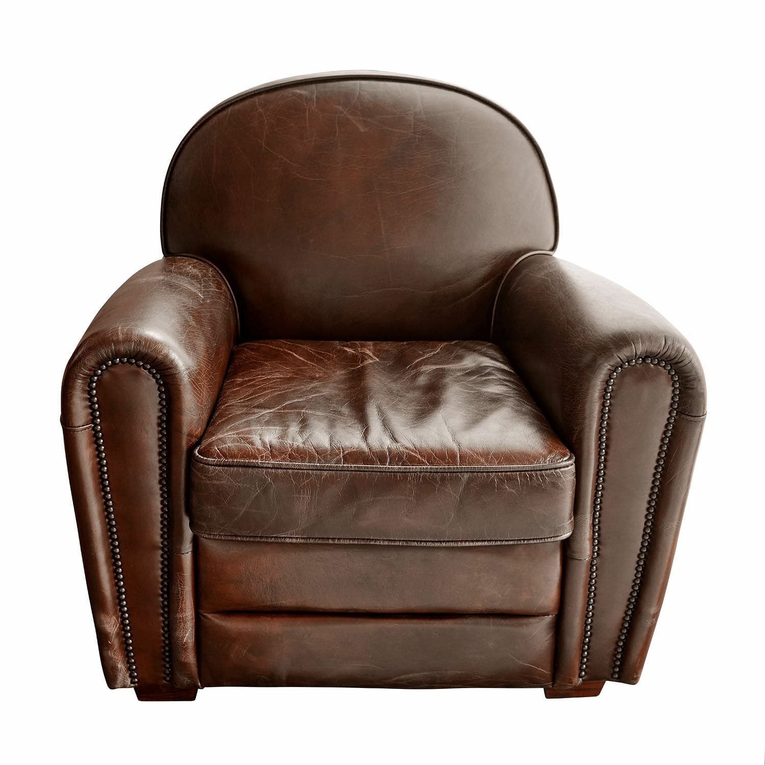 Poltrona Venesque Poltrona classica in pelle marrone con chiodi decorativi, comoda sedia per soggiorno