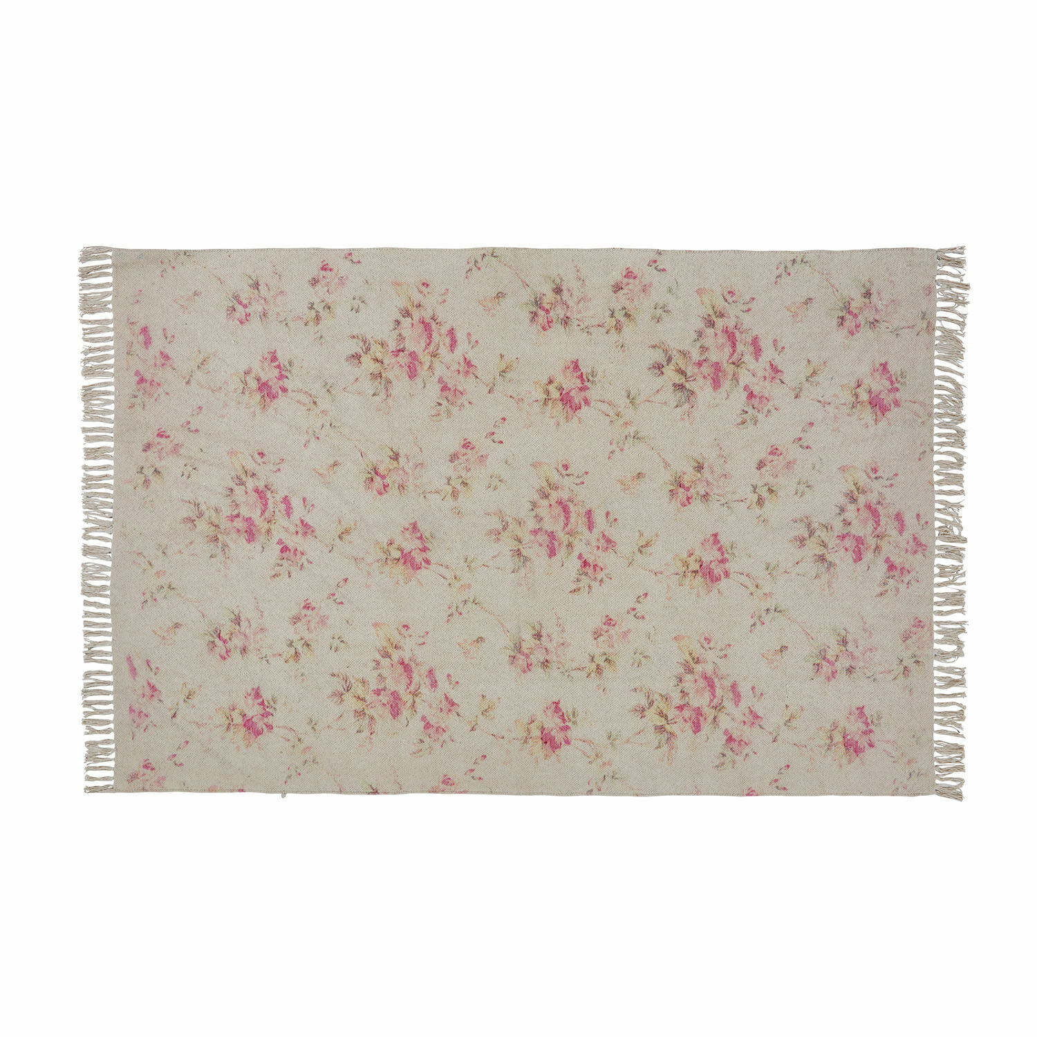 Tappeto Ingvi Tappeto beige con motivo floreale e frange, tessuto morbido decorativo per soggiorno