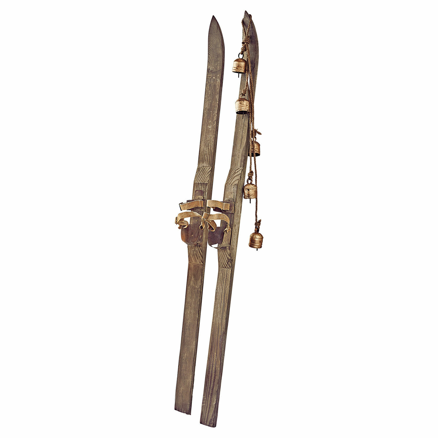 Coppia di sci decorativi Lambeth Sci decorativi in legno marrone con campanelli metallici appesi, stile vintage rustico