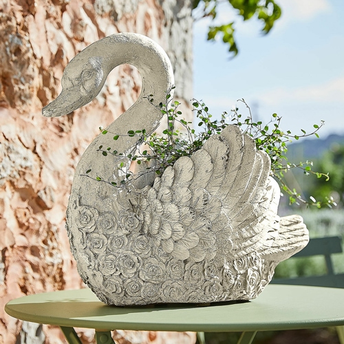 Vaso decorativo a forma di cigno in cemento grigio con motivo floreale per esterni