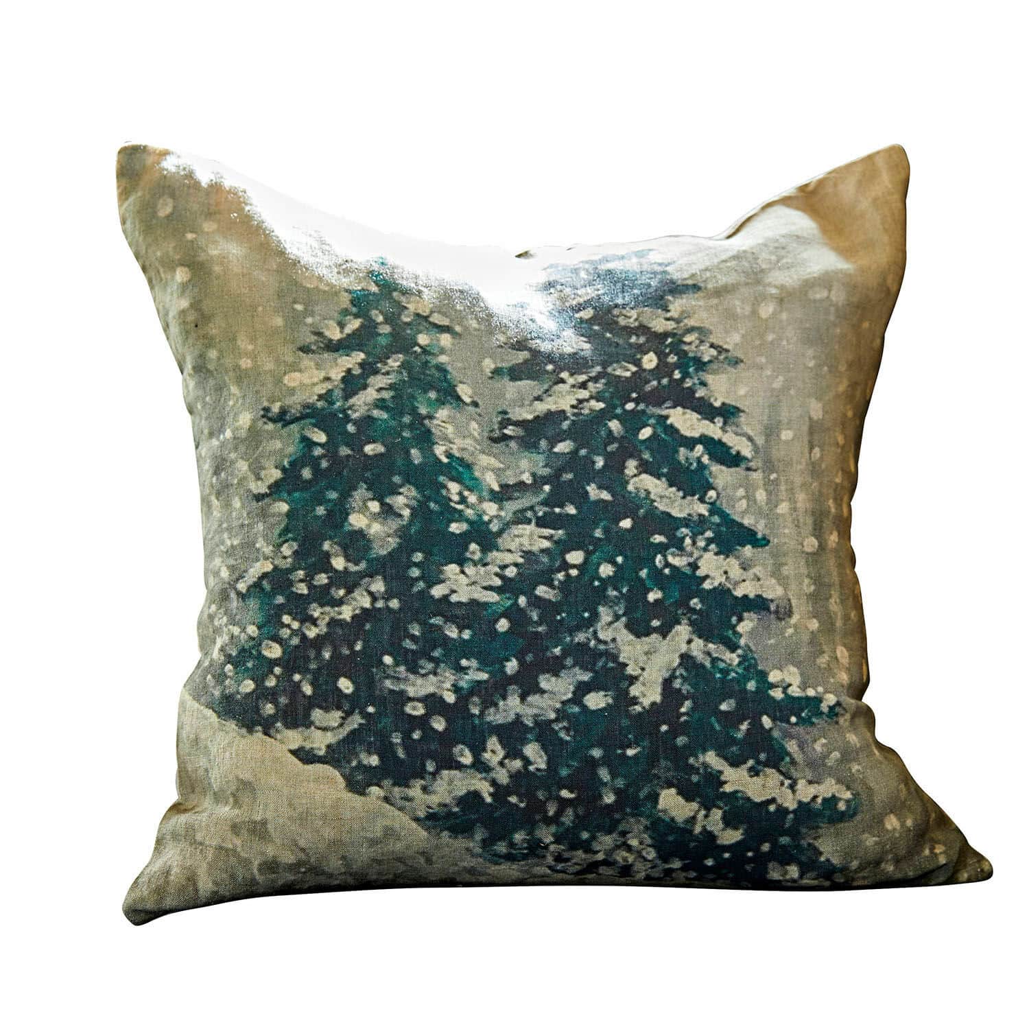 Copricuscino Mierta Fodera per cuscino decorativa in lino con motivo alberi di Natale in colori invernali per arredamento