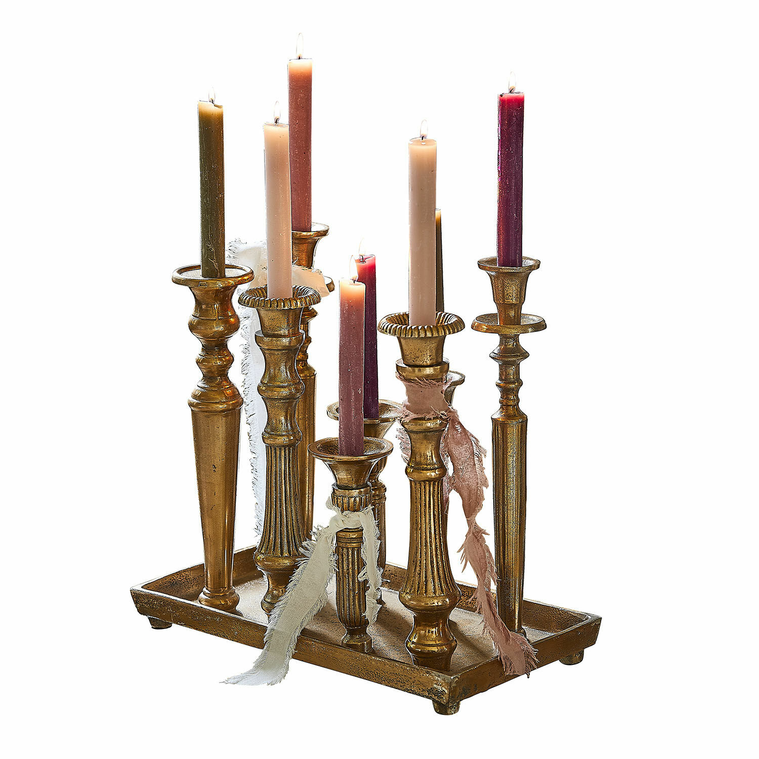 Vassoio portacandele Chavelot Set di candelabri in metallo dorato con candele colorate su vassoio decorativo rettangolare