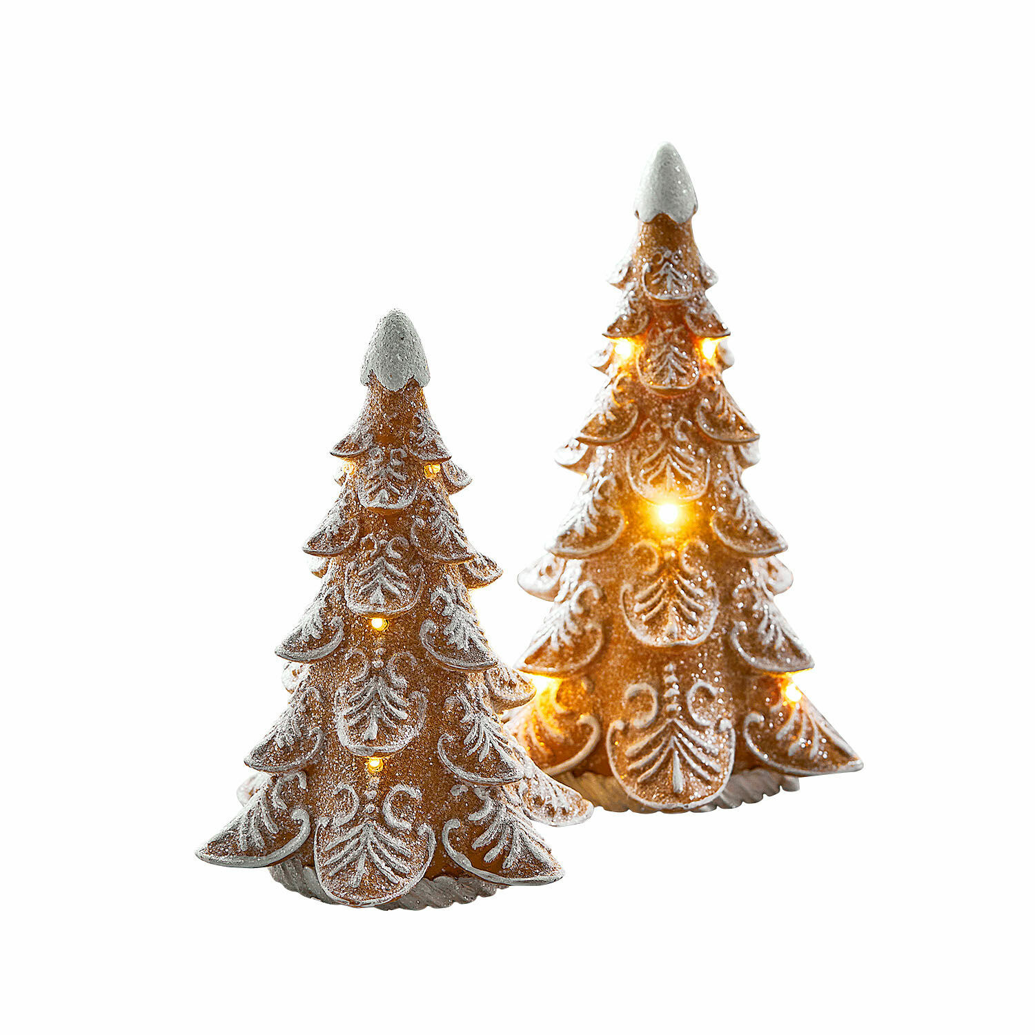 Coppia di alberelli a LED Anyama Due decorazioni natalizie a forma di albero in ceramica marrone con luci LED e effetto neve bianca